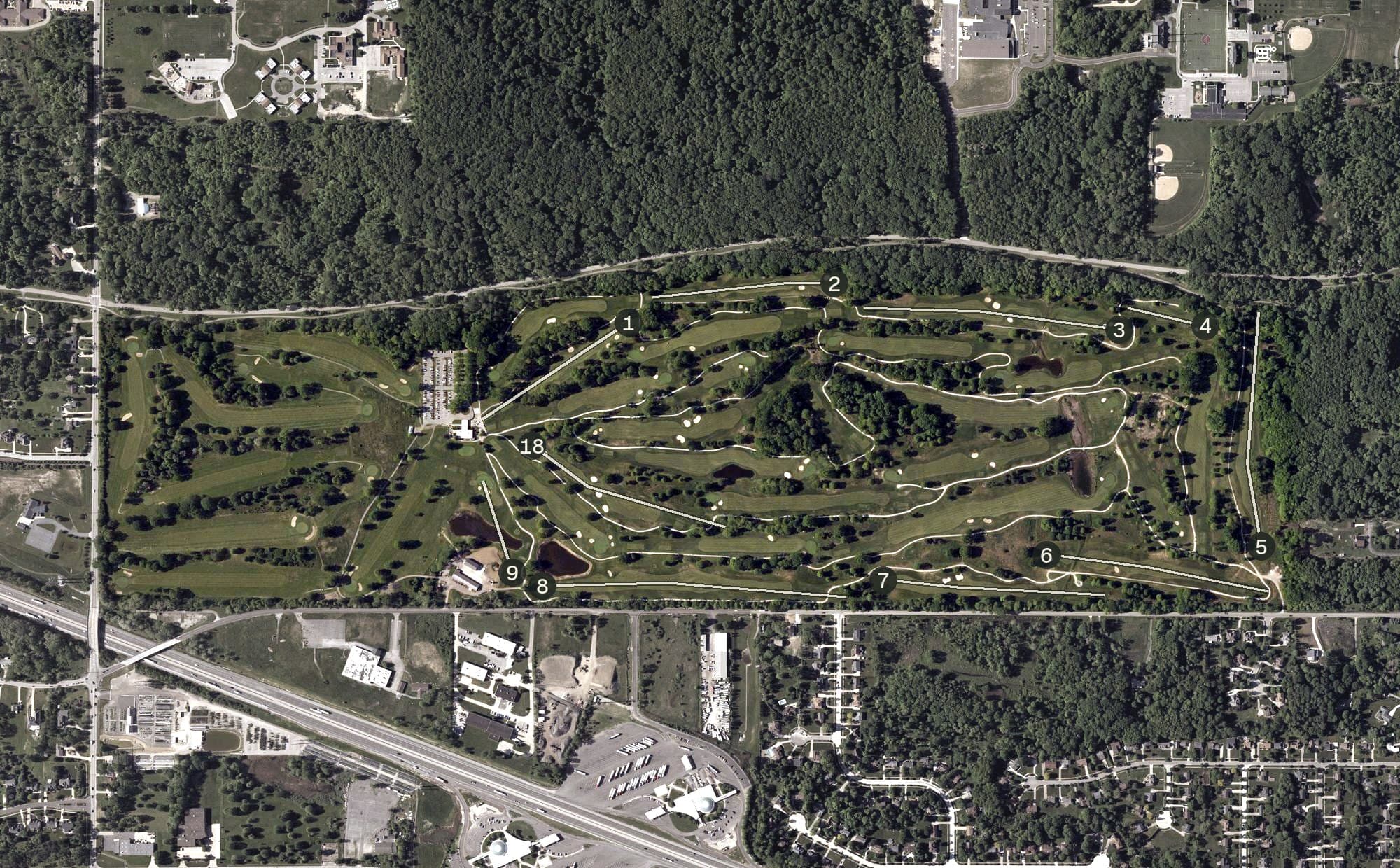 Aerial view of Seneca Golf Course, OH, with its hole routing marked