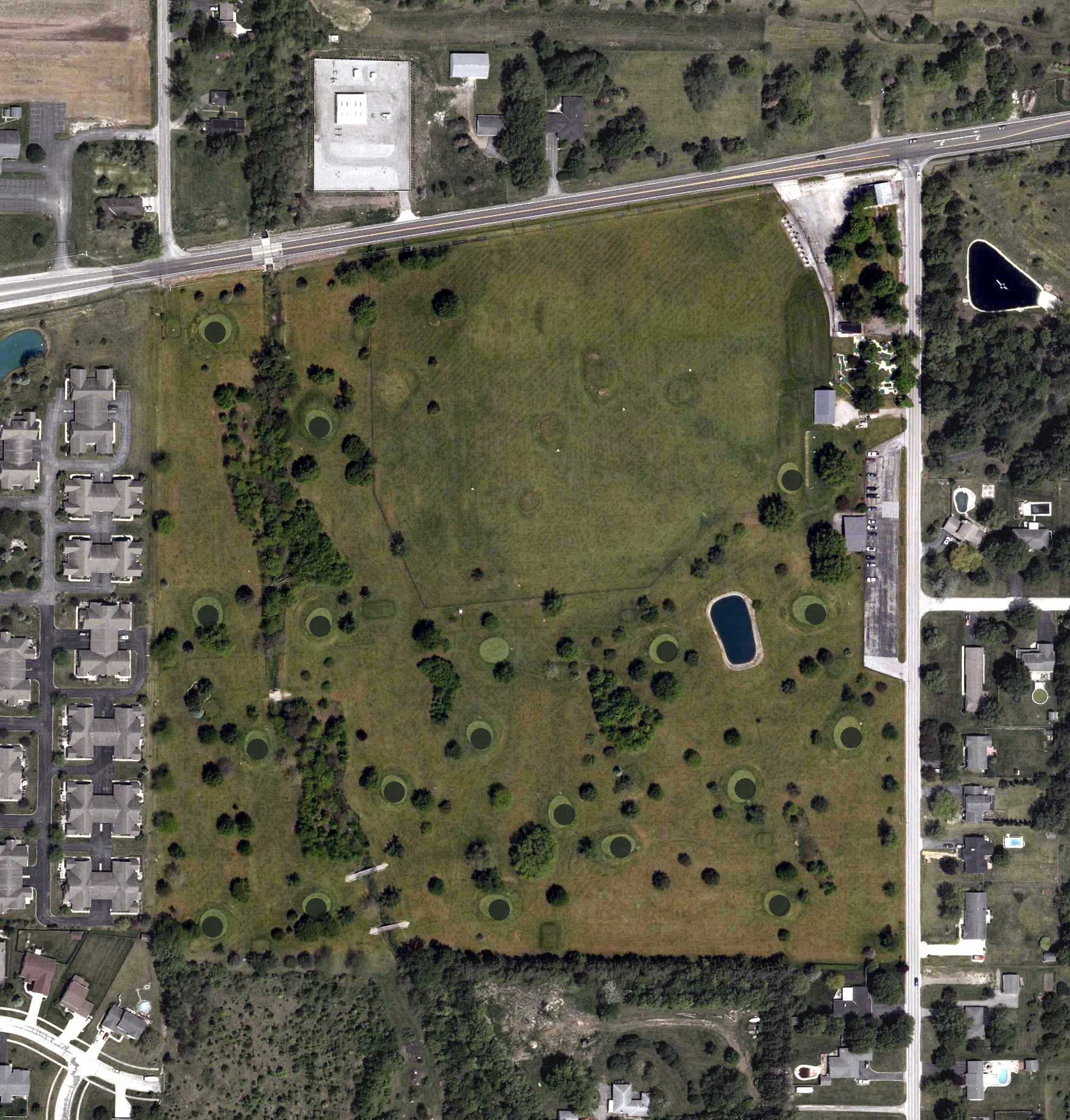 Aerial view of Shady Grove Golf Course, OH, with its hole routing marked