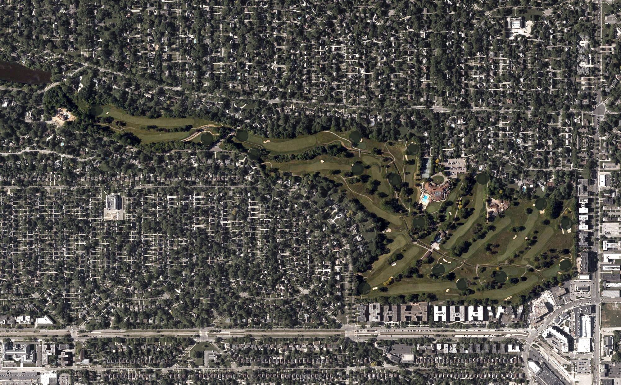 Aerial view of Shaker Heights Country Club, OH, with its hole routing marked