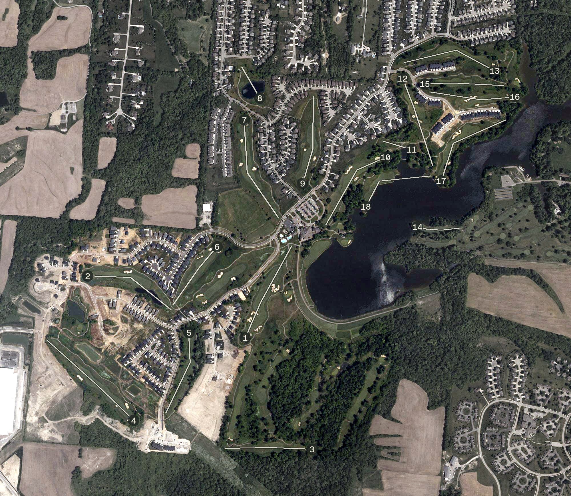 Aerial view of Shaker Run Golf Club, OH, with its hole routing marked