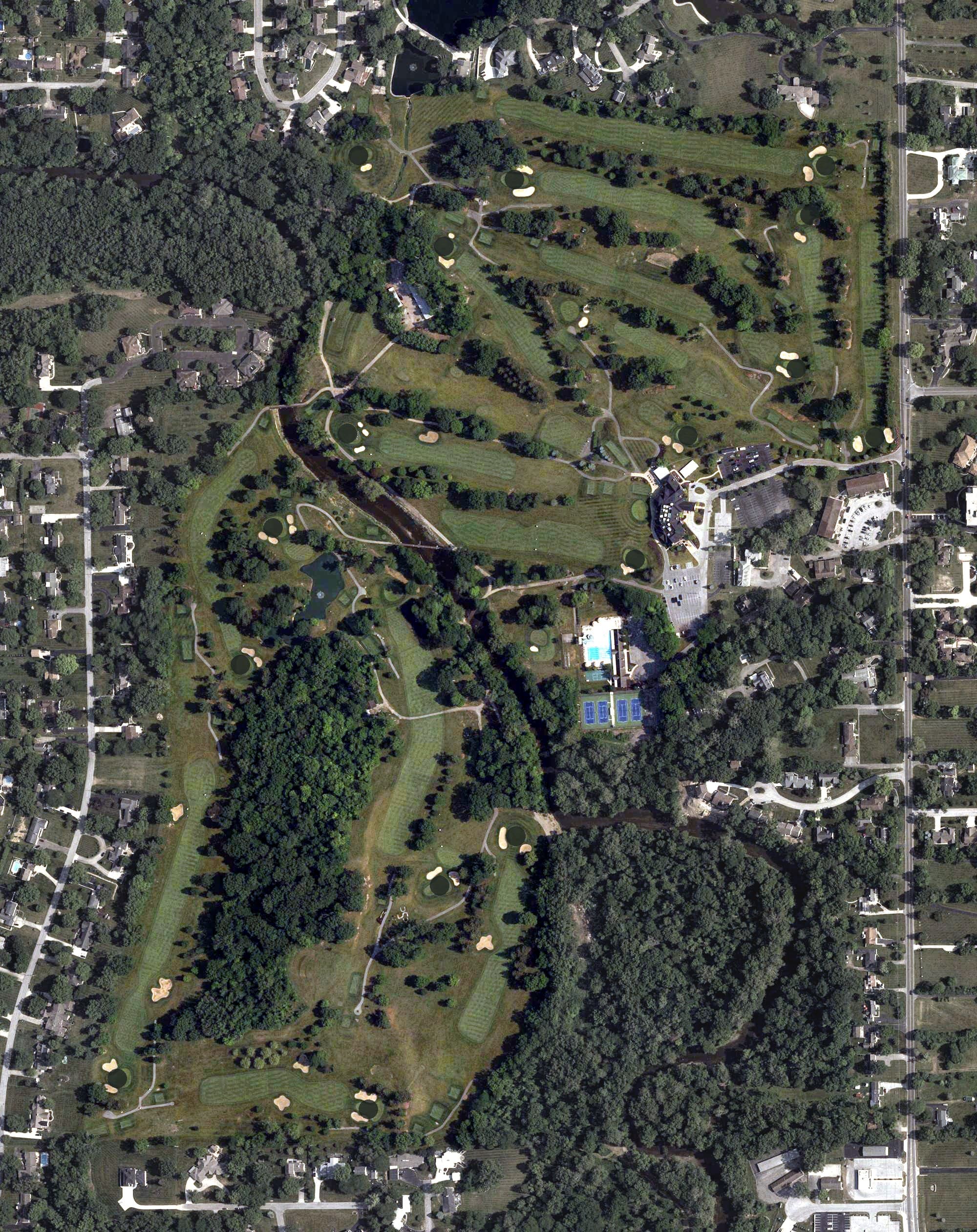 Aerial view of Shawnee Country Club, OH, with its hole routing marked
