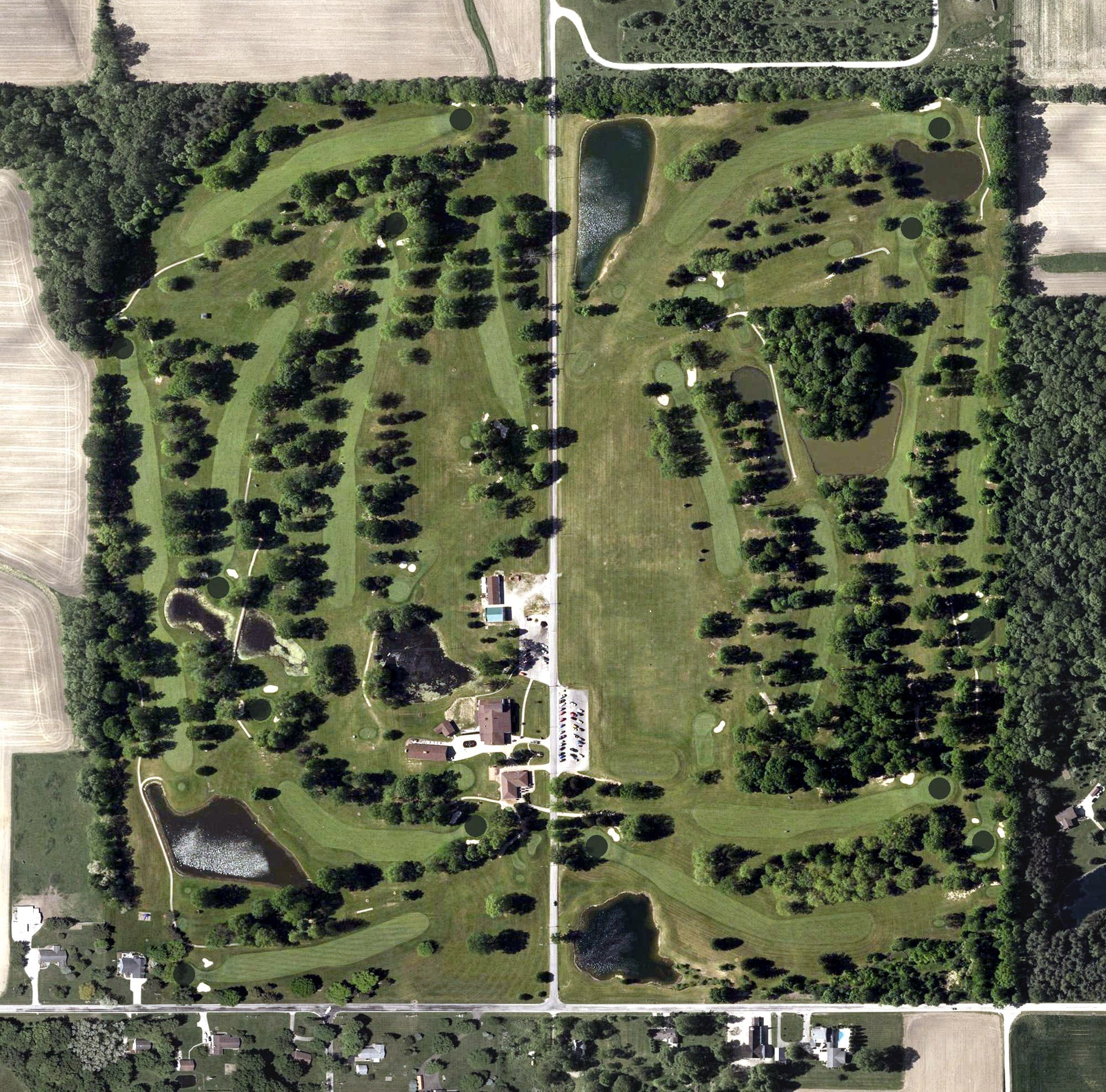 Aerial view of Shelby Country Club, OH, with its hole routing marked
