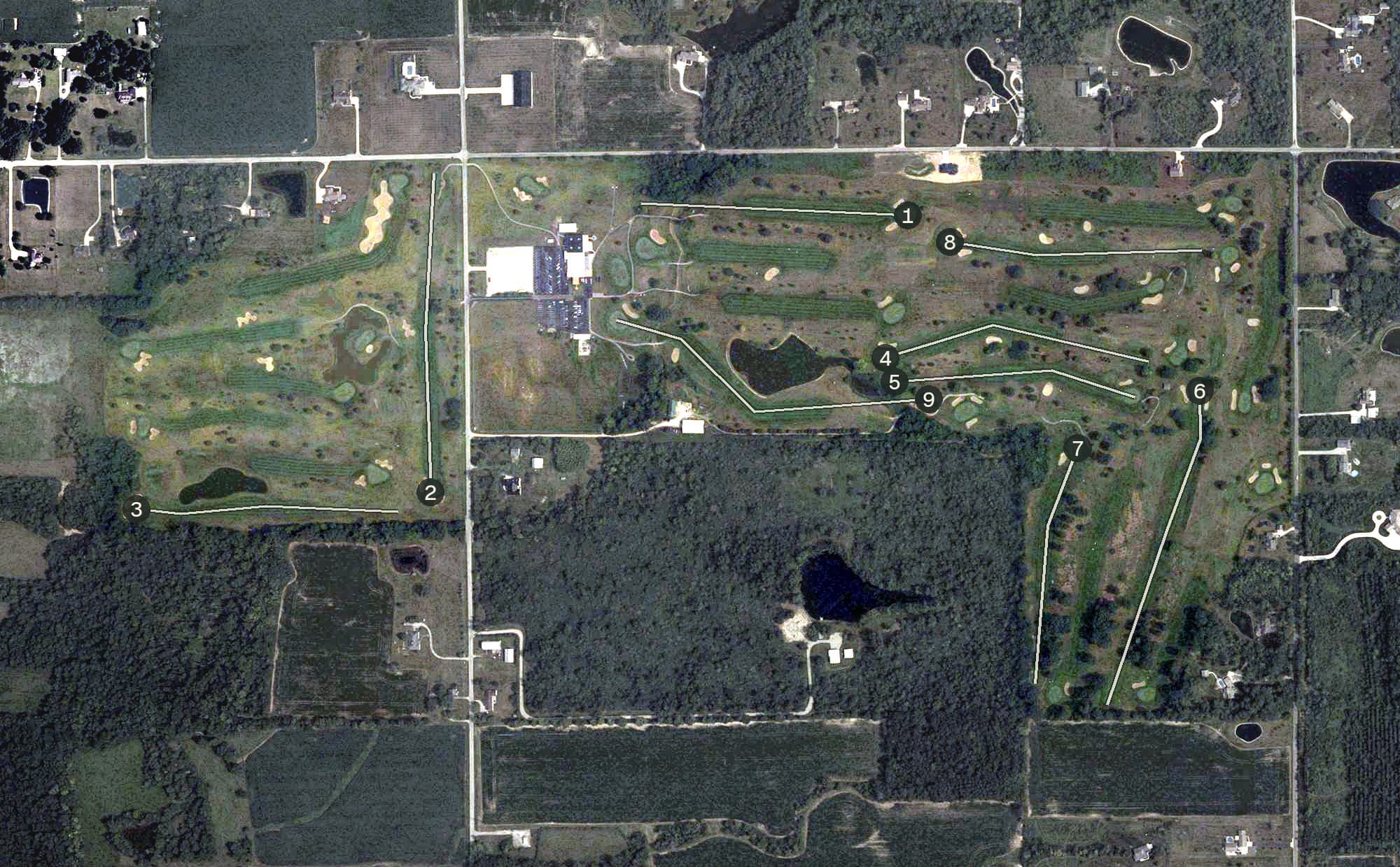 Aerial view of Shelby Oaks Golf Club, OH, with its hole routing marked