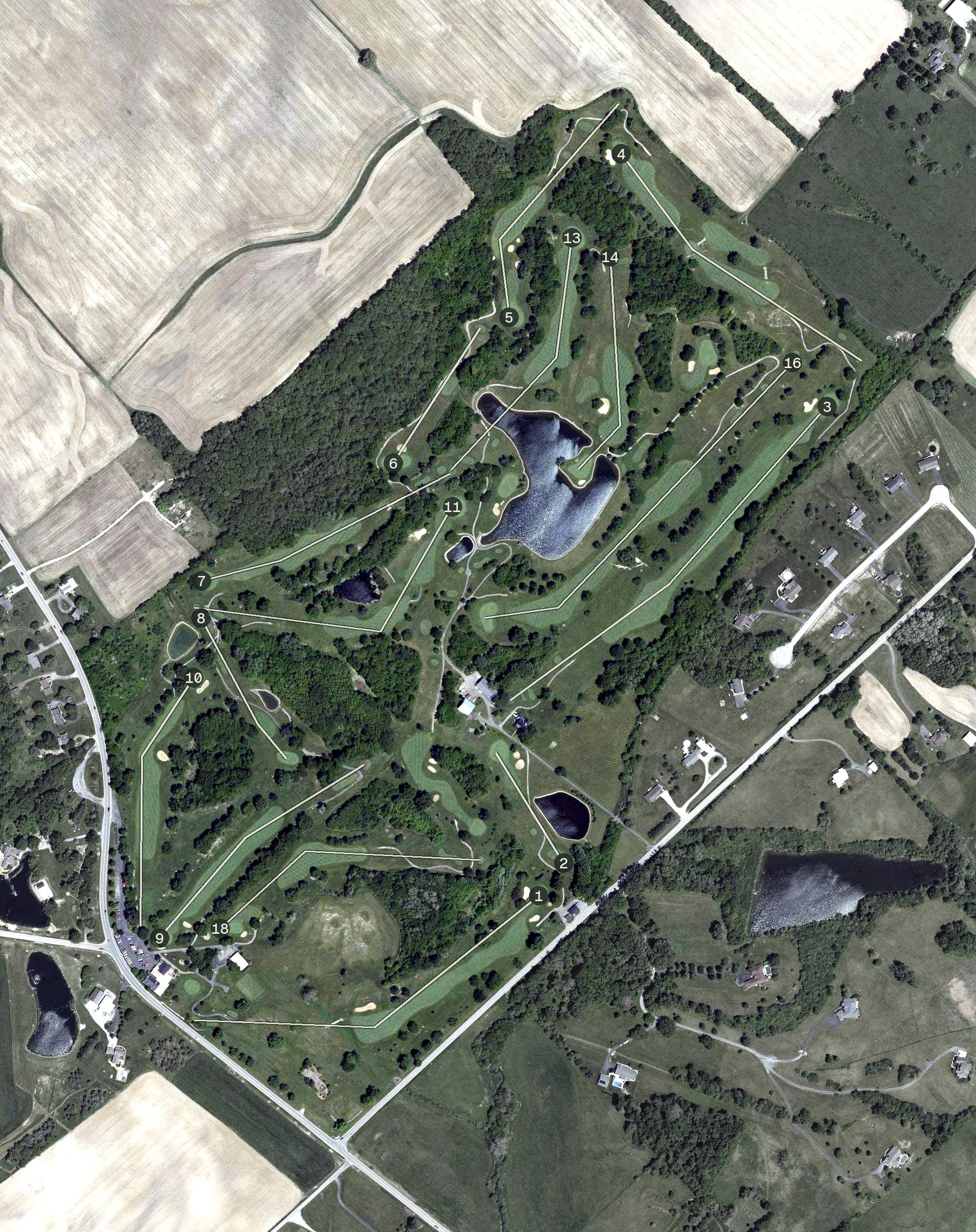 Aerial view of Snow Hill Country Club, OH, with its hole routing marked
