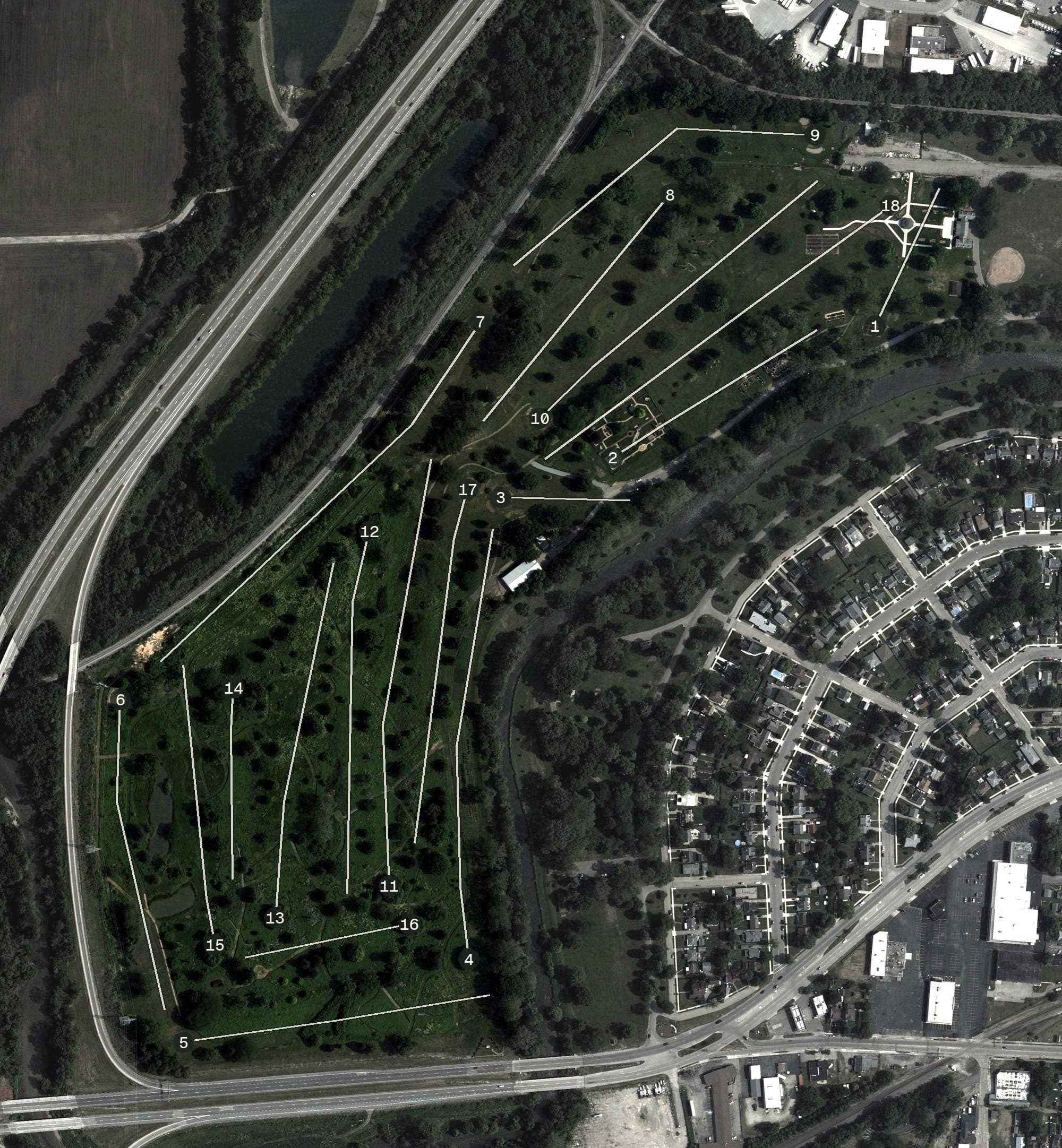 Aerial view of Snyder Park Golf Course, OH, with its hole routing marked