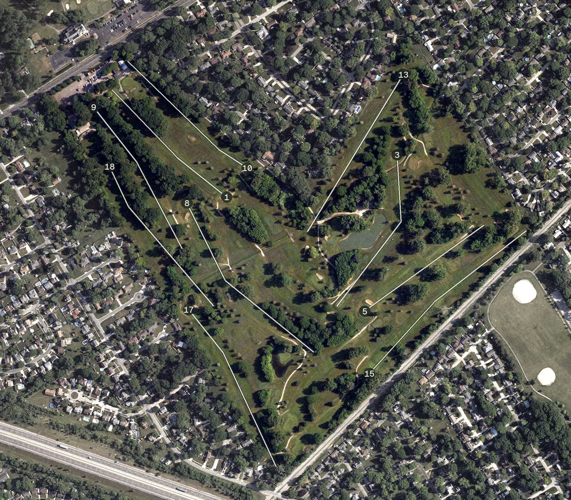 Aerial view of South Toledo Golf Club, OH, with its hole routing marked