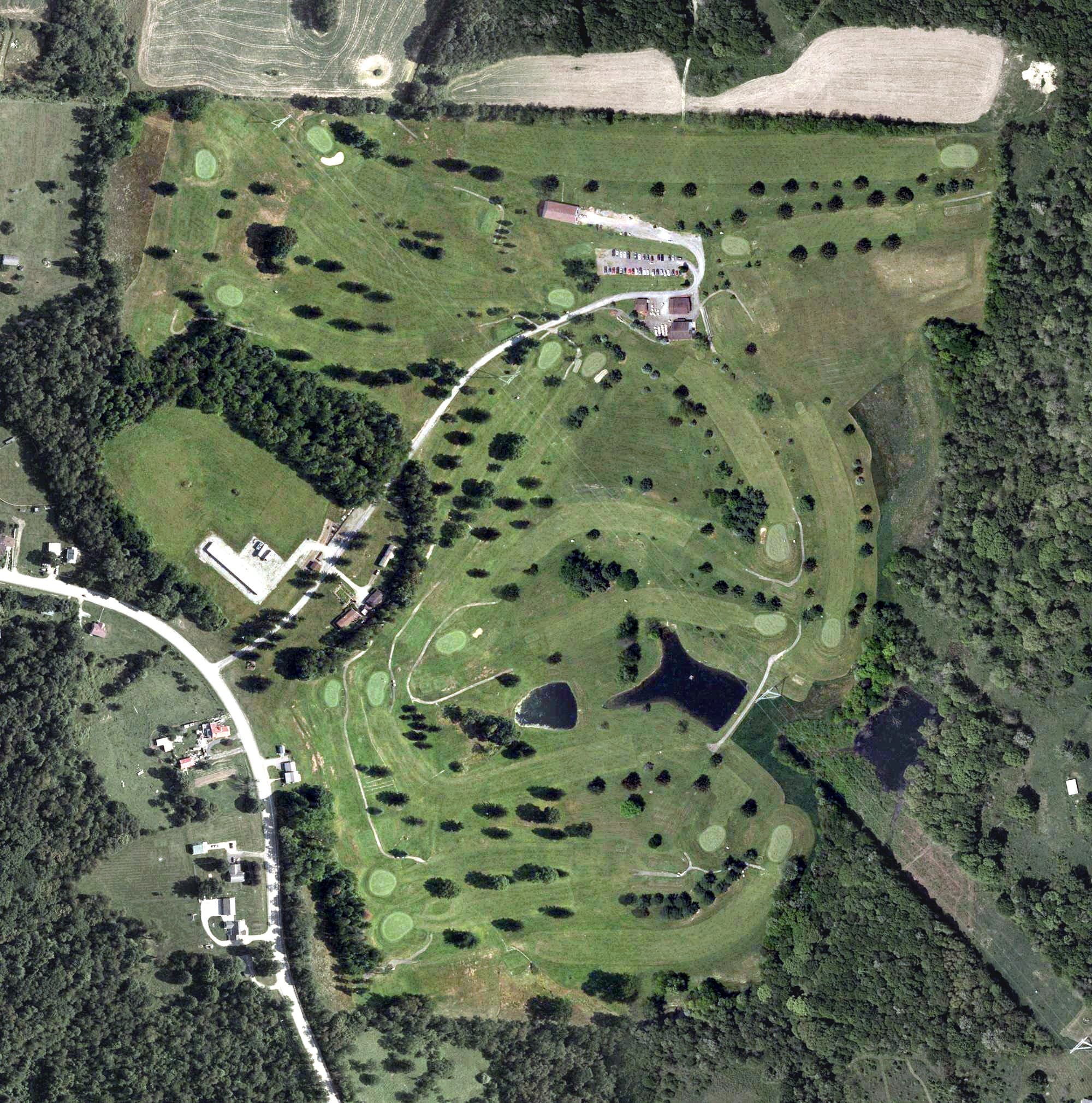 Aerial view of Spring Hills Golf Club, OH, with its hole routing marked