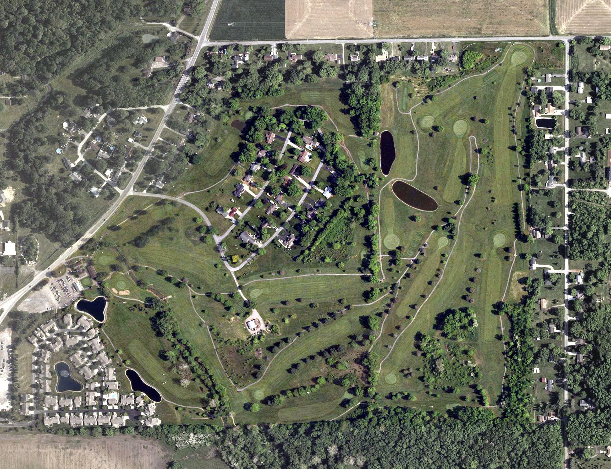 Aerial view of Springbrook Golf Club, OH, with its hole routing marked
