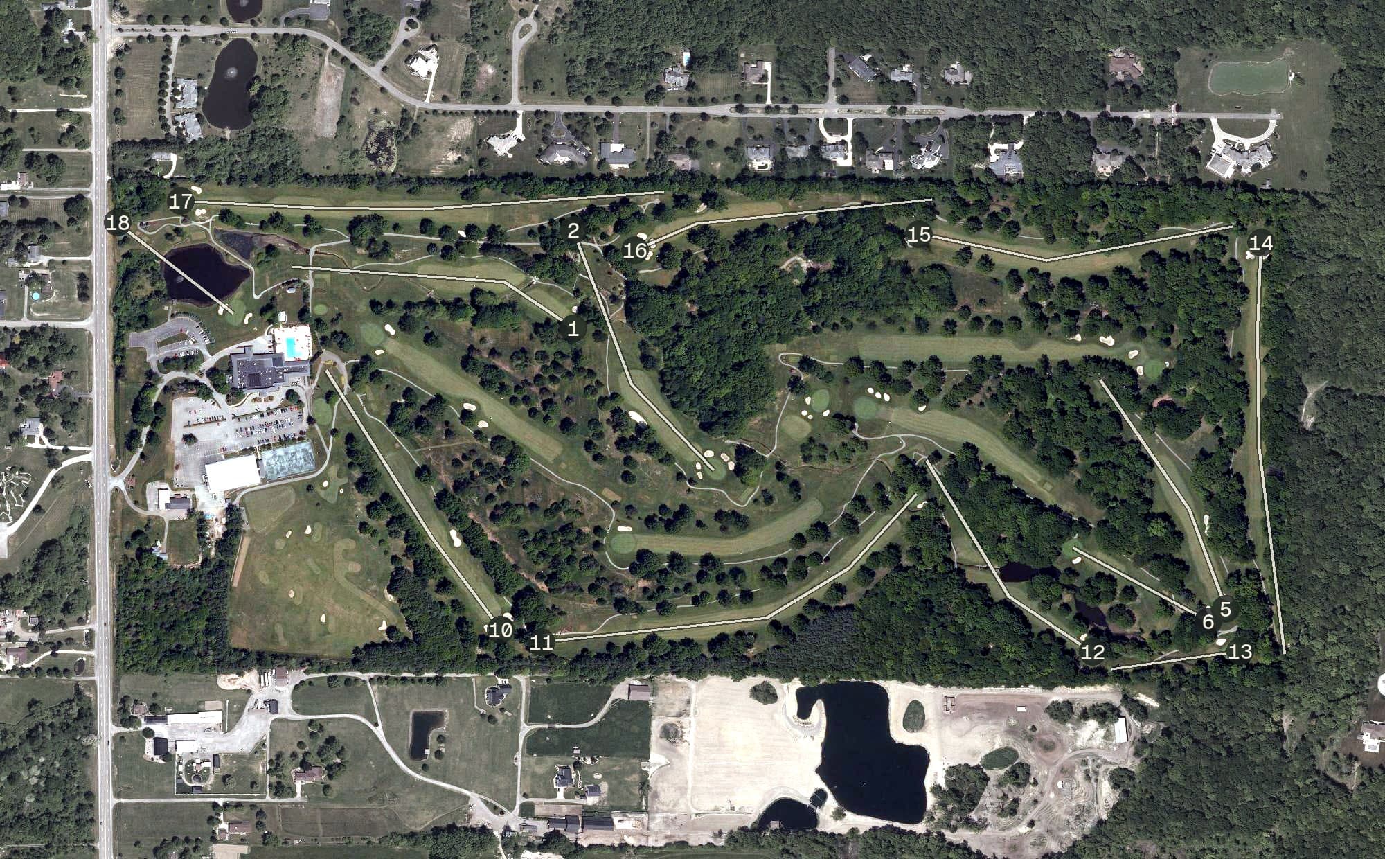 Aerial view of Squaw Creek Golf Course, OH, with its hole routing marked