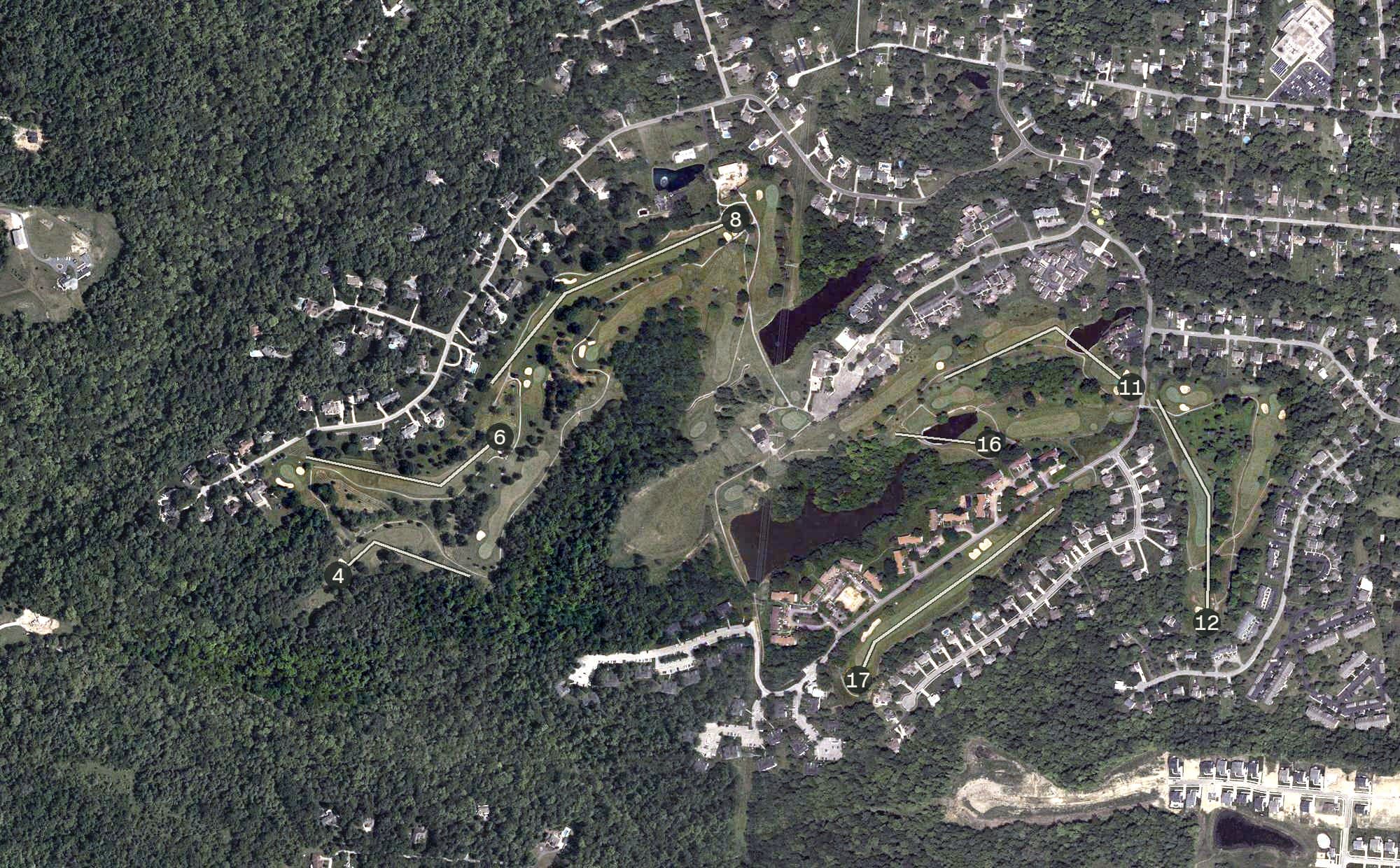 Aerial view of Stillmeadow Country Club, OH, with its hole routing marked