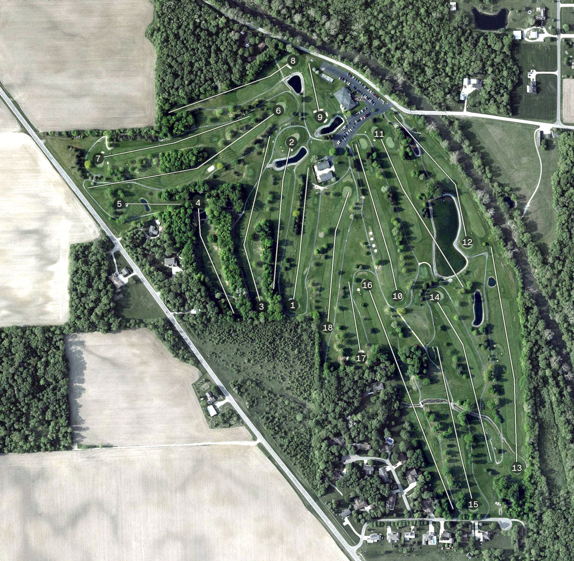 Aerial view of Stillwater Valley Golf Club, OH, with its hole routing marked