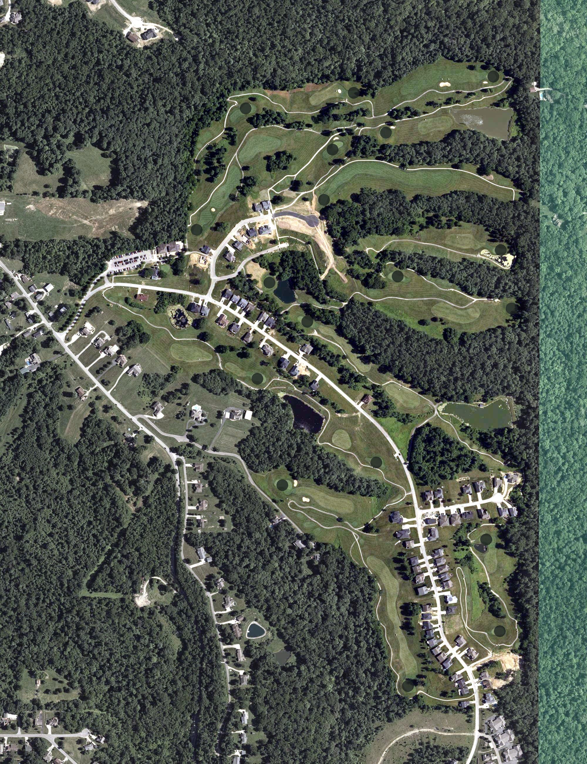 Aerial view of Sugar Ridge Golf Club, OH, with its hole routing marked