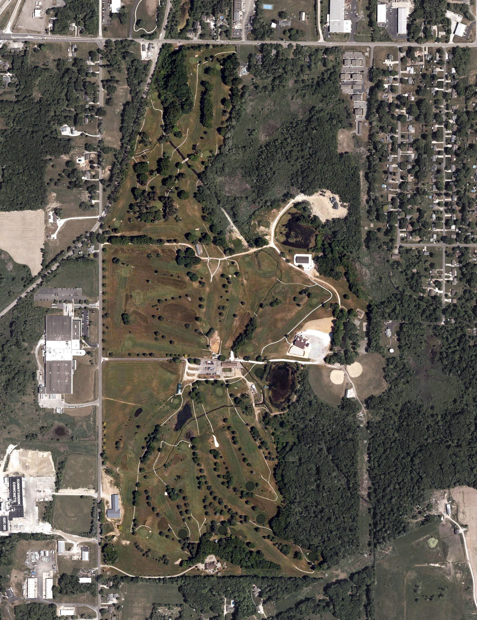 Aerial view of Sunny Hill Golf Course, OH, with its hole routing marked