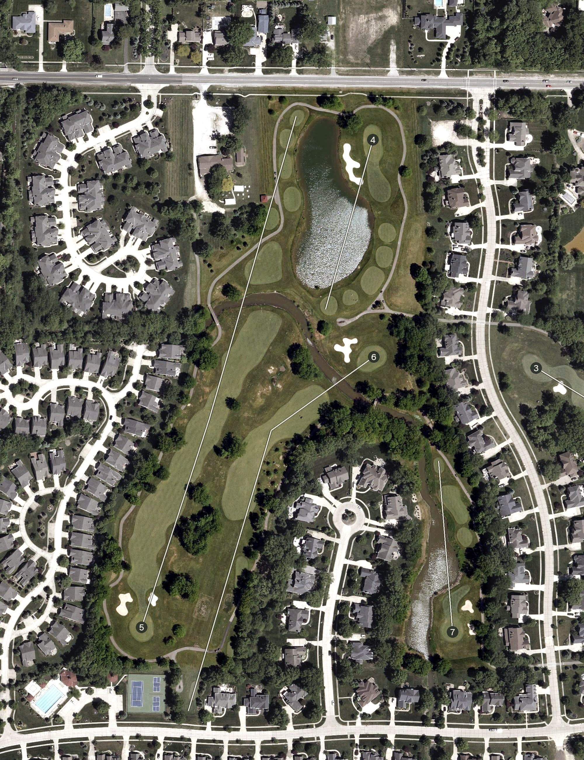 Aerial view of Sweetbriar Golf & Pro Shop, OH, with its hole routing marked