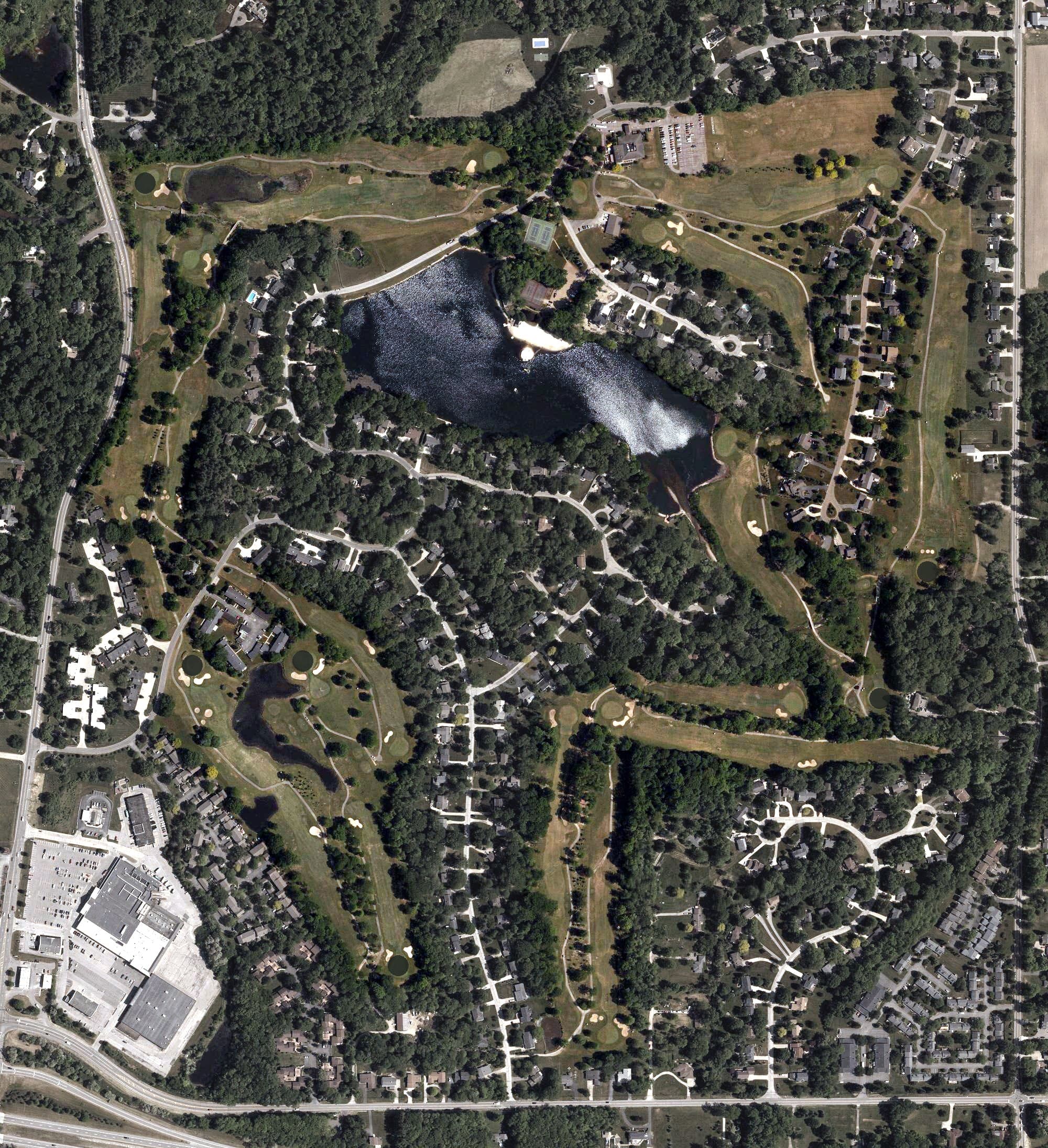 Aerial view of Tanglewood Golf Course, OH, with its hole routing marked