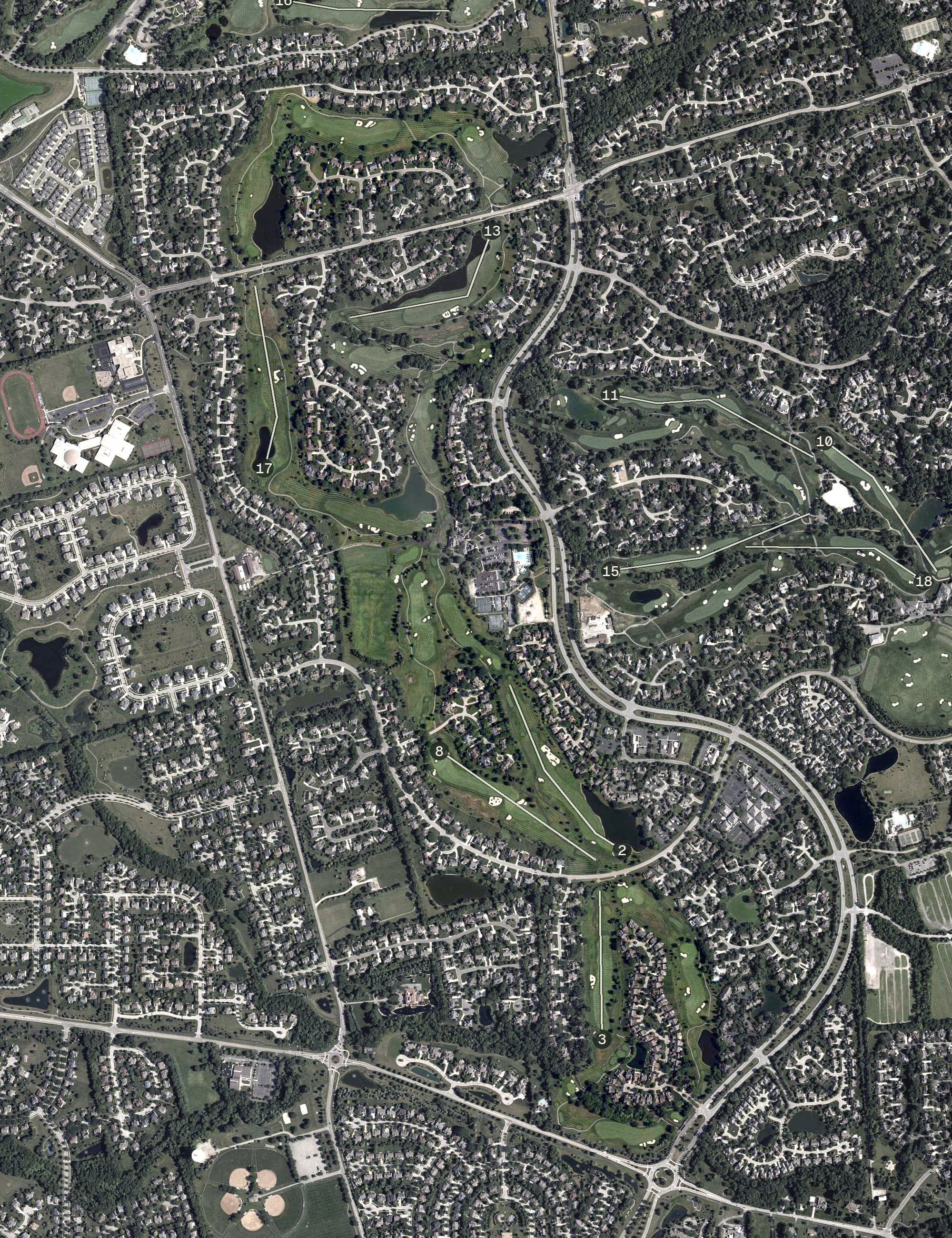 Aerial view of The Country Club at Muirfield Village, OH, with its hole routing marked