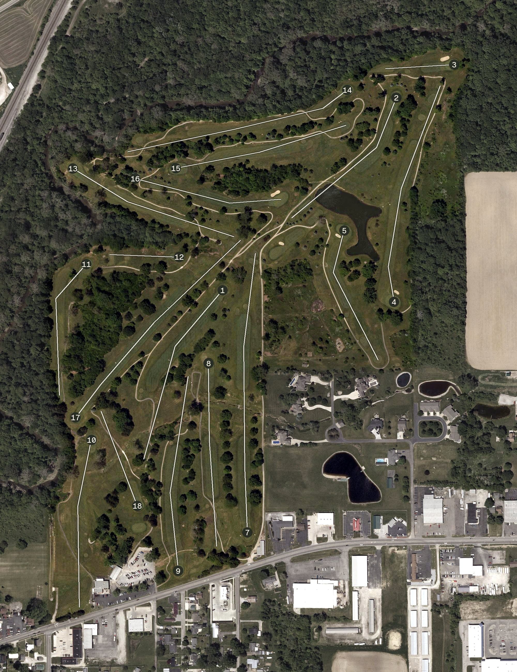 Aerial view of The Golf Club of Bucyrus, OH, with its hole routing marked