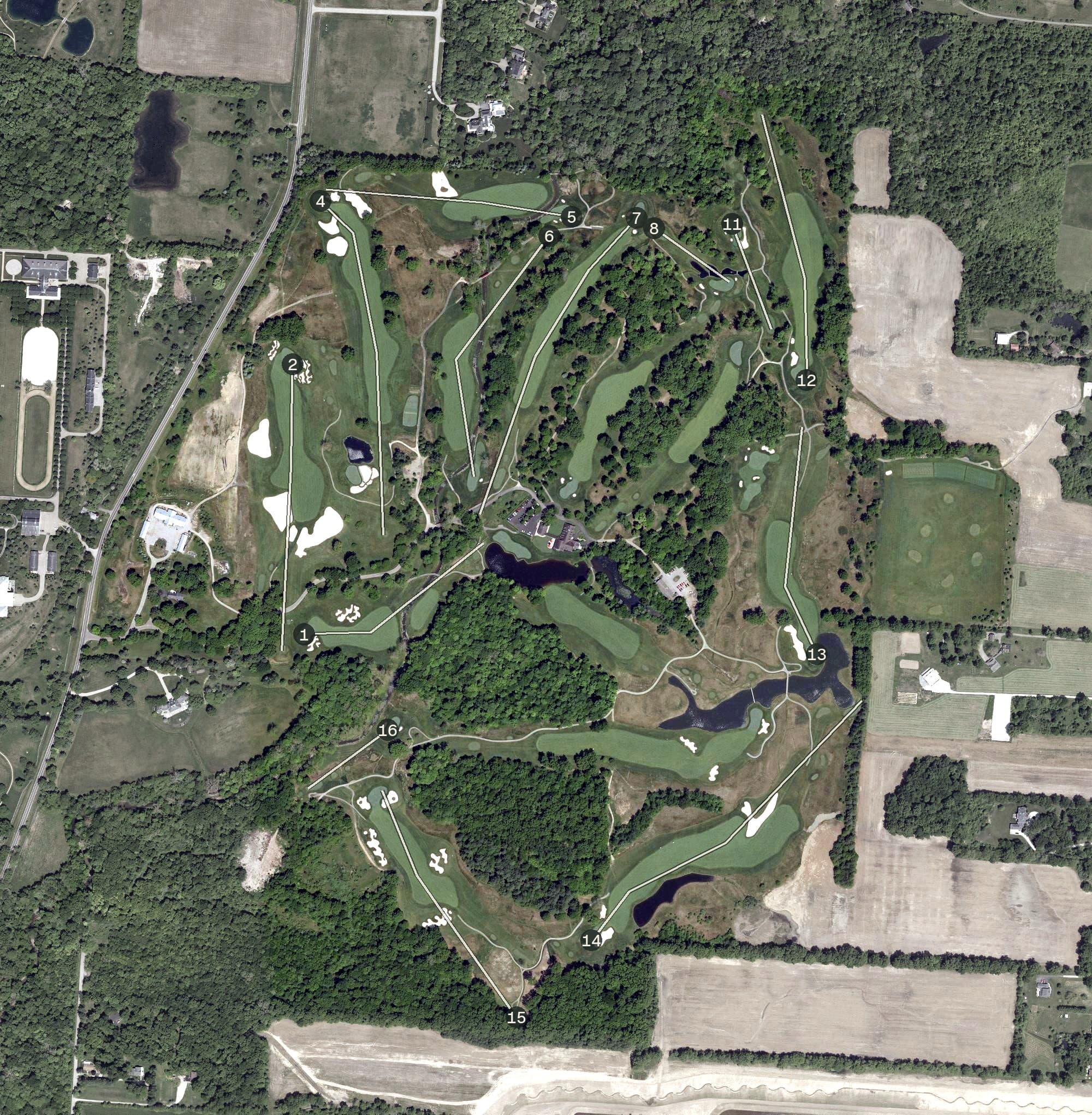 Aerial view of The Golf Club, OH, with its hole routing marked