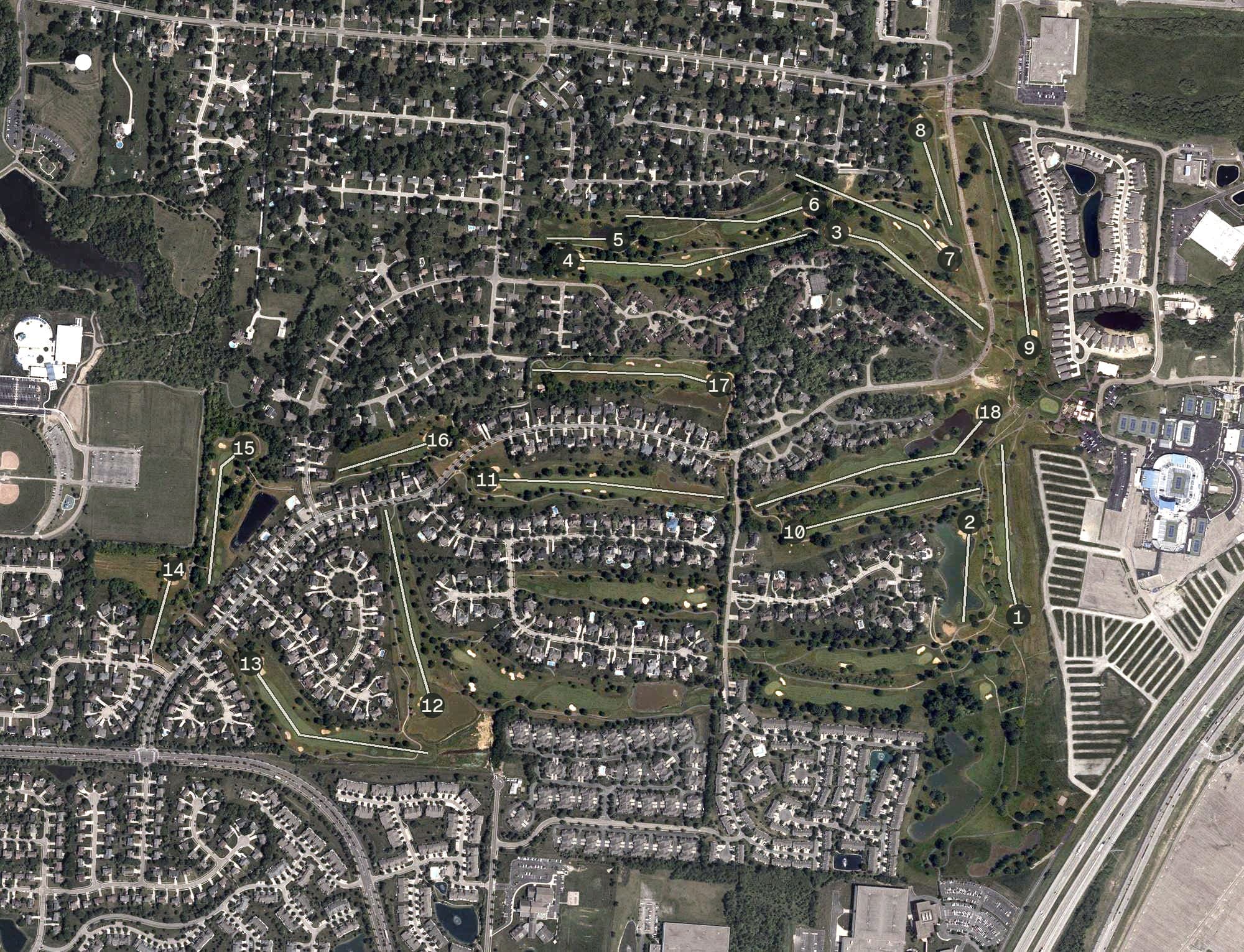 Aerial view of The Grizzly Golf and Social Lodge, OH, with its hole routing marked
