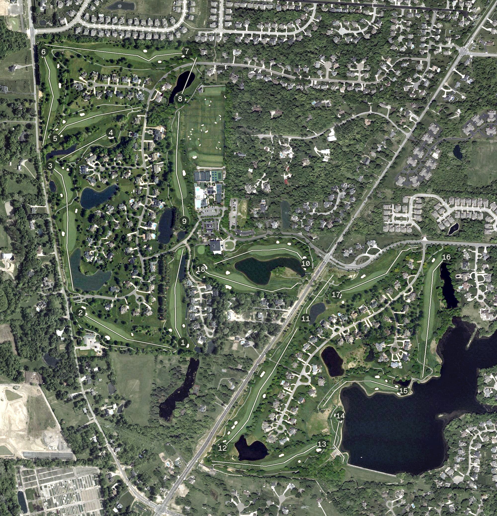 Aerial view of The Lakes Golf & Country Club, OH, with its hole routing marked