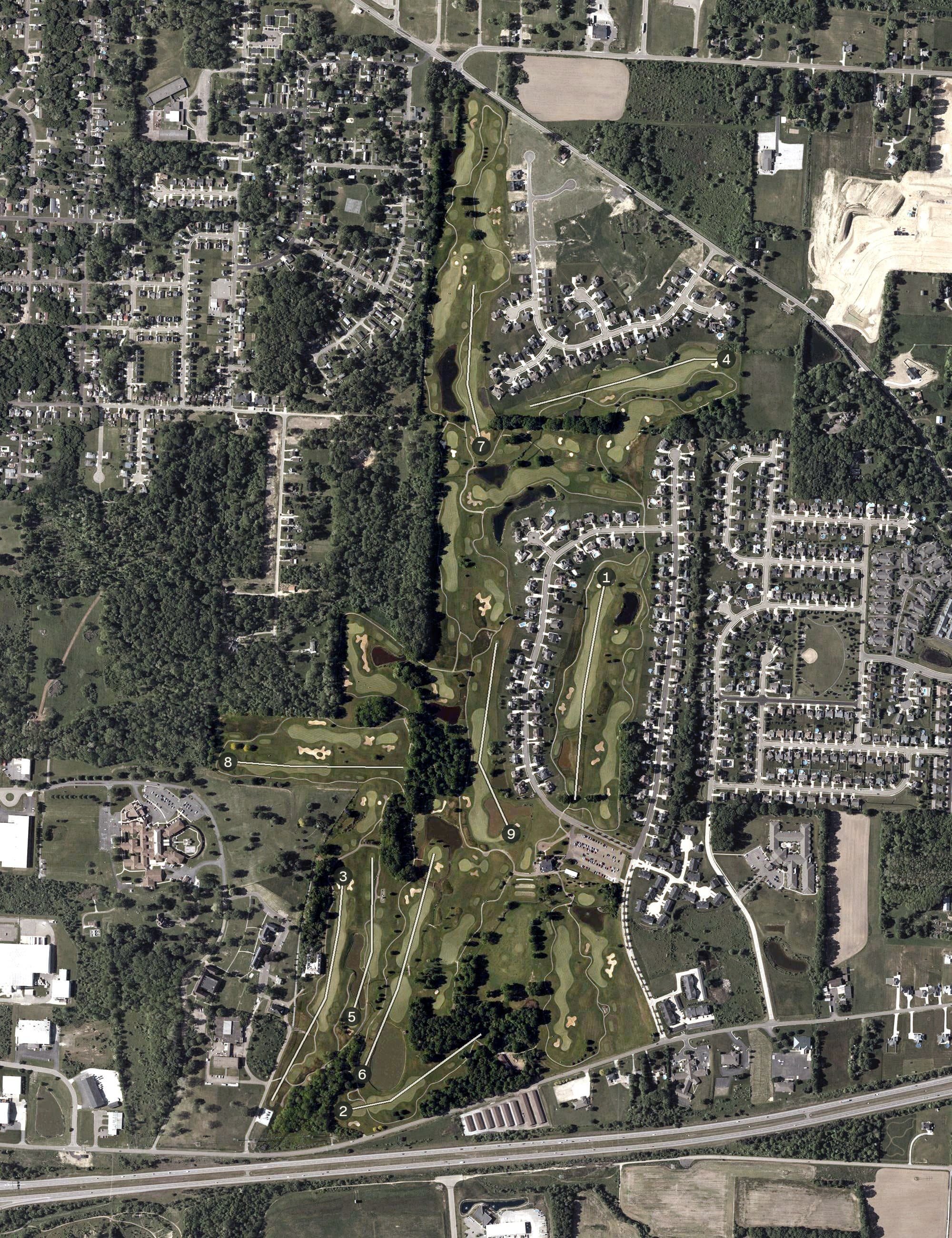 Aerial view of The Legends of Massillon, OH, with its hole routing marked