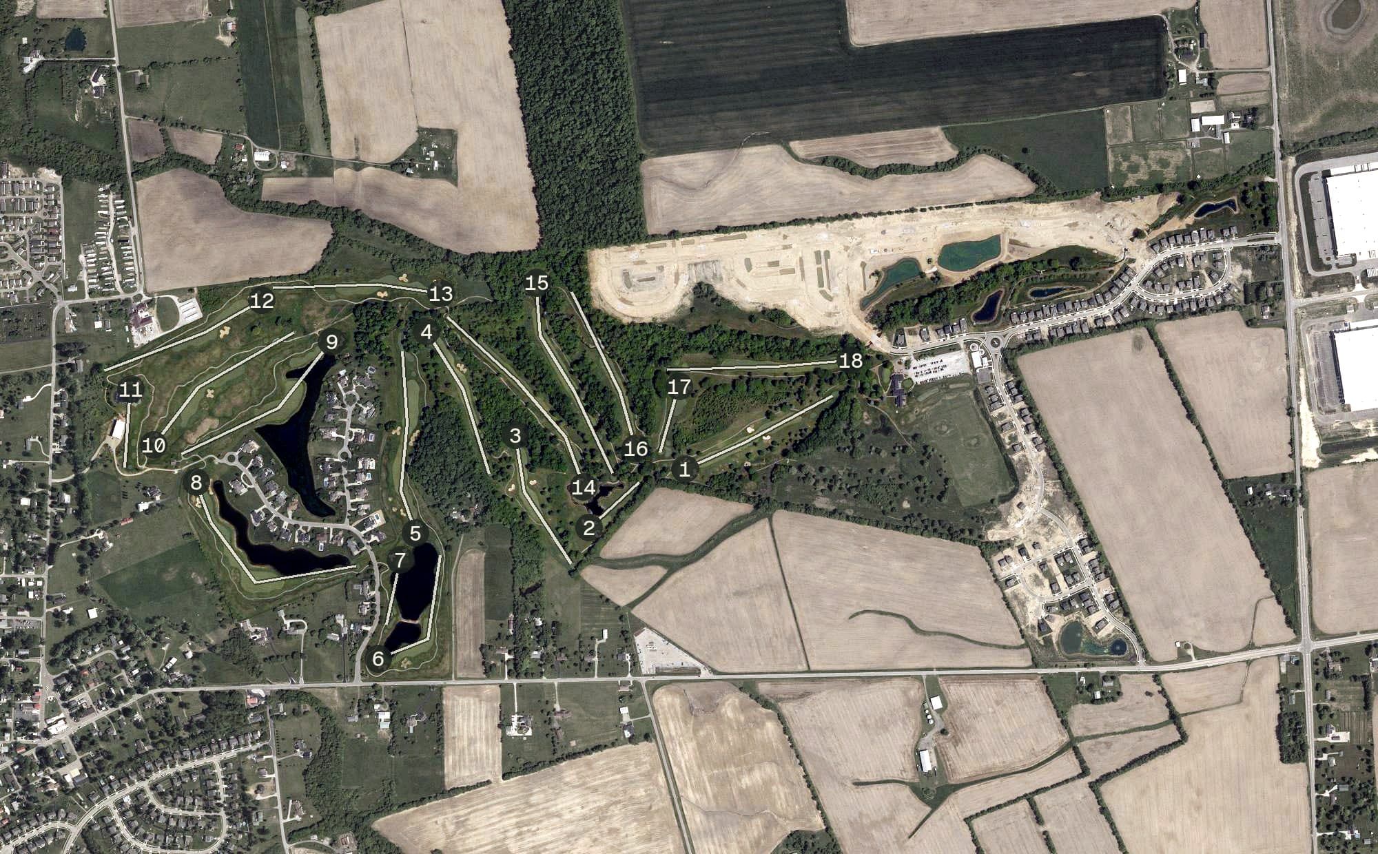 Aerial view of The Players Club at Foxfire, OH, with its hole routing marked