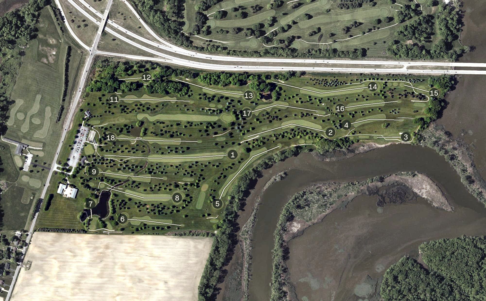 Aerial view of Thunderbird South, OH, with its hole routing marked