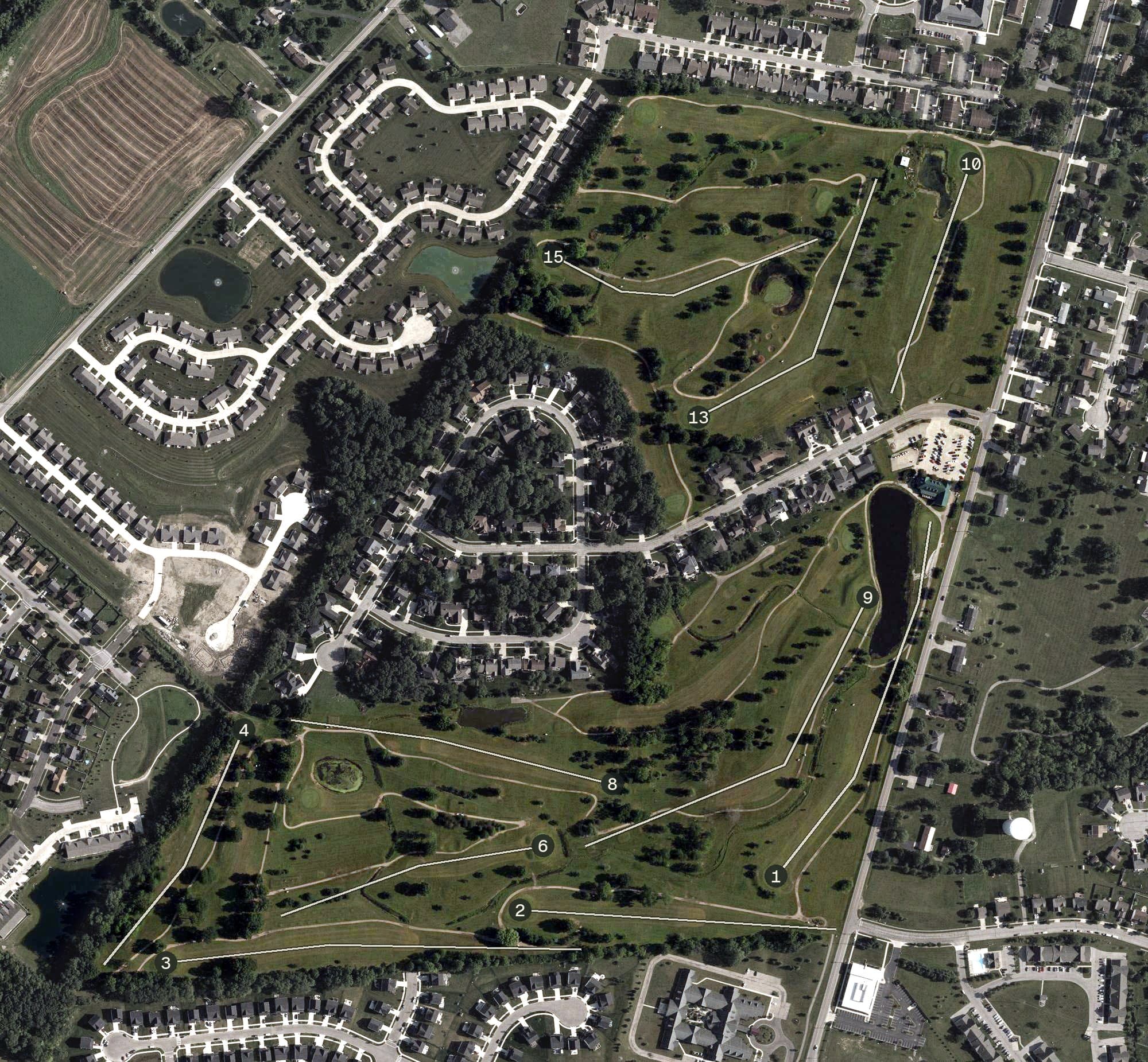 Aerial view of Timberview Golf Club, OH, with its hole routing marked