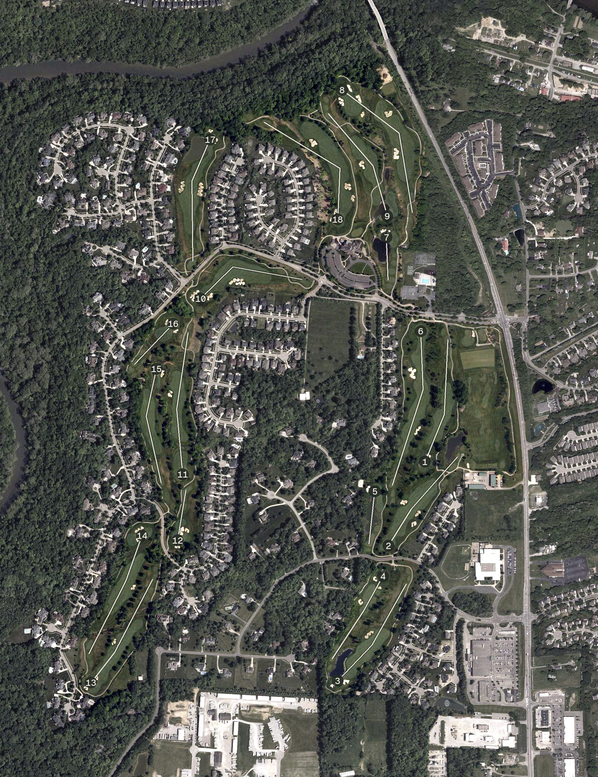 Aerial view of Tournament Player’s Club at River’s Bend, OH, with its hole routing marked