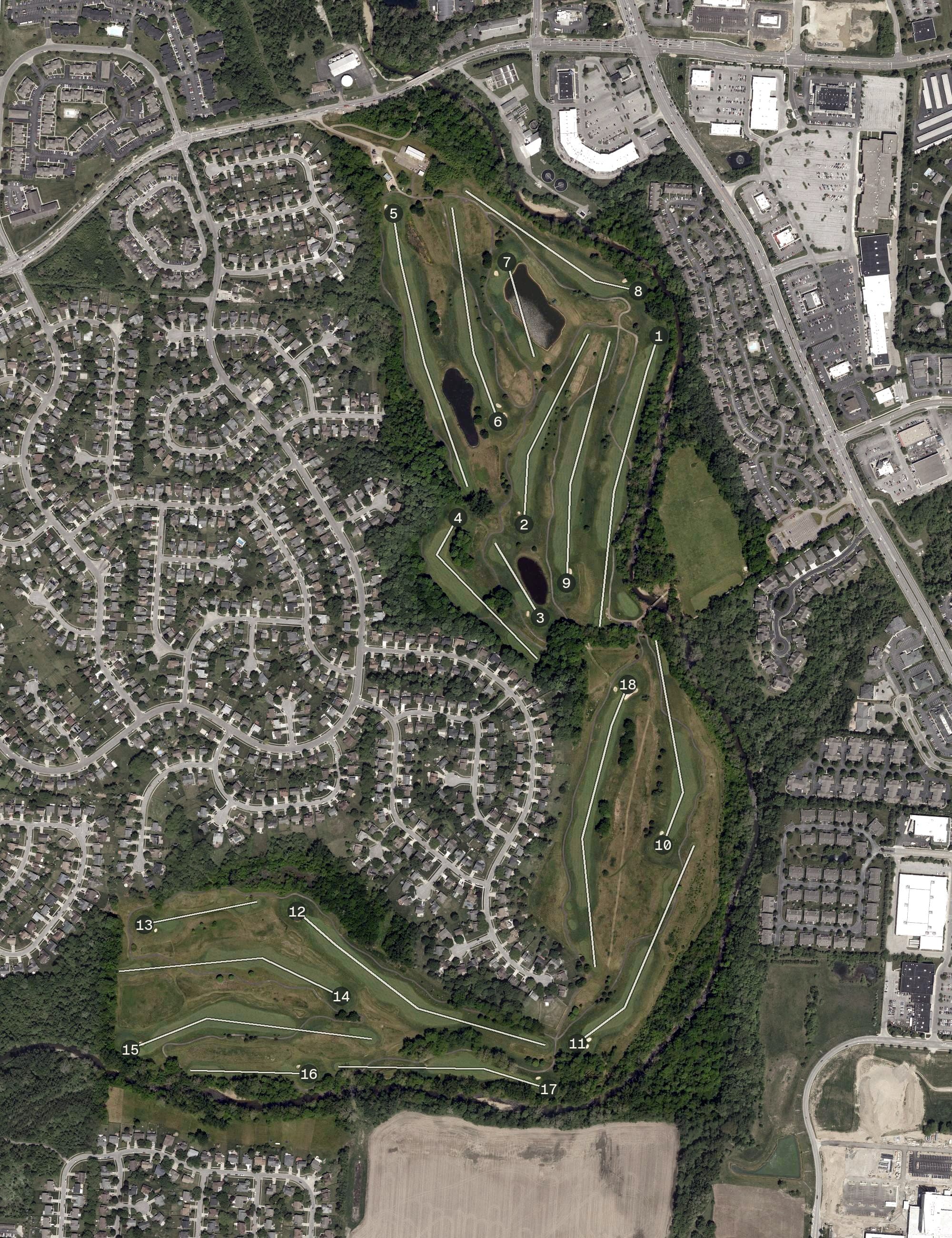Aerial view of Turnberry Golf Course, OH, with its hole routing marked