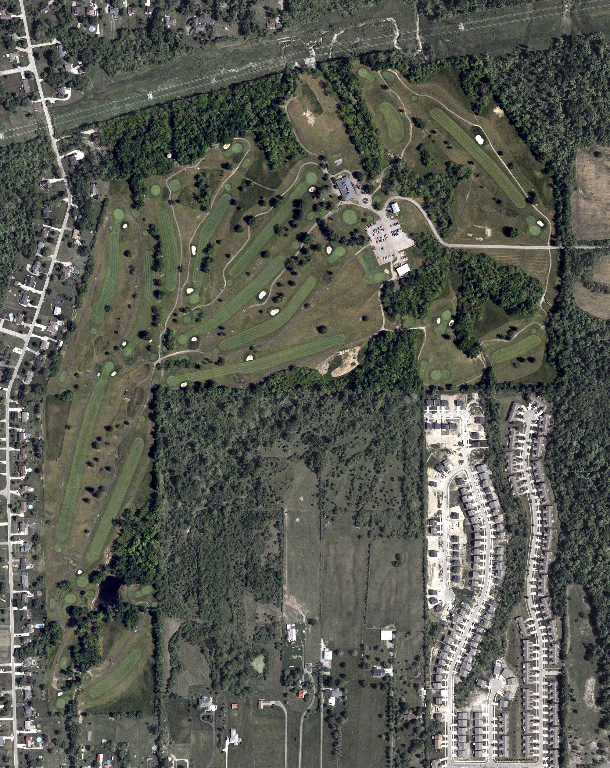 Aerial view of Twin Run Golf Course, OH, with its hole routing marked