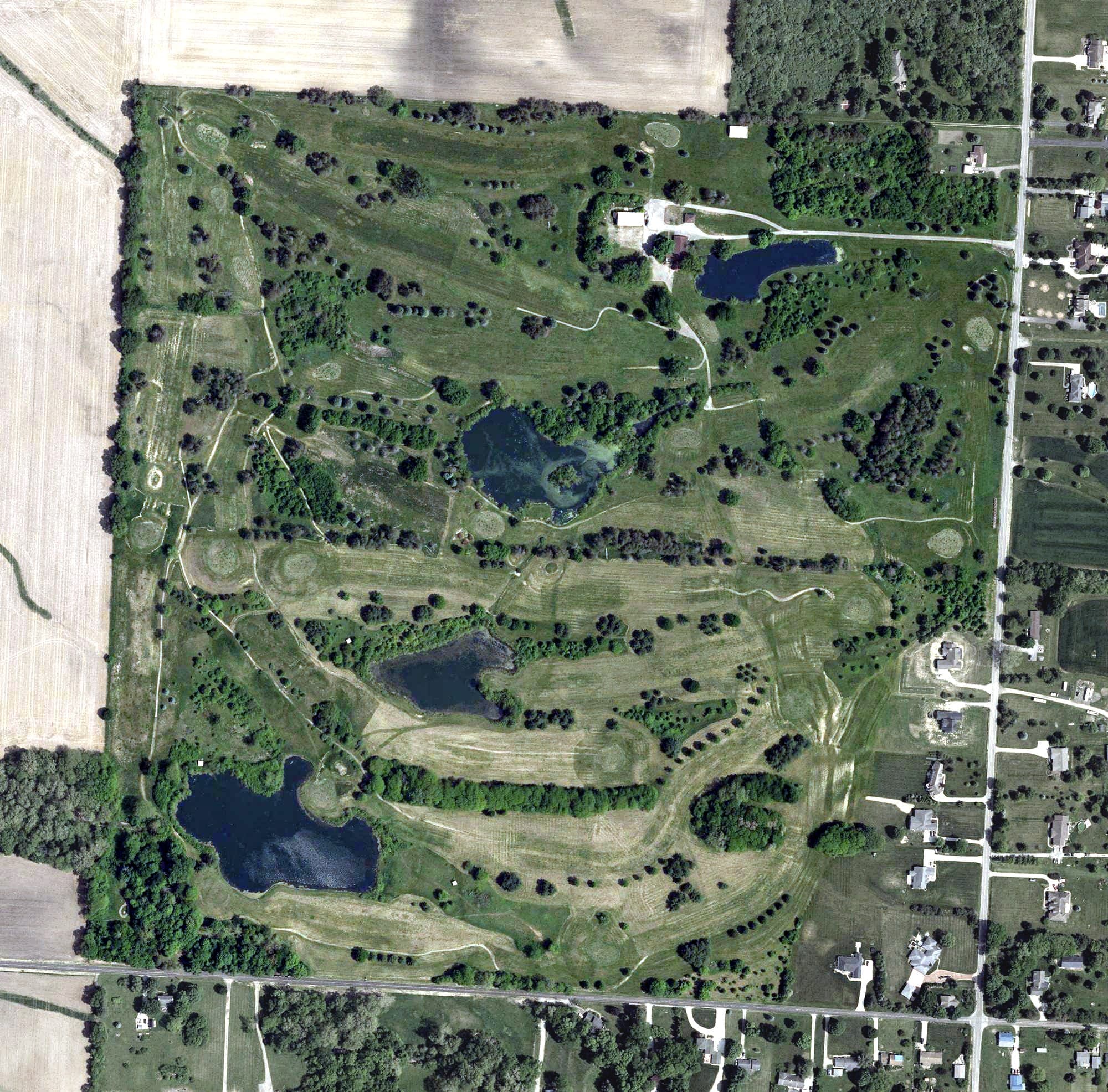Aerial view of Upper Lansdowne Golf Course, OH, with its hole routing marked