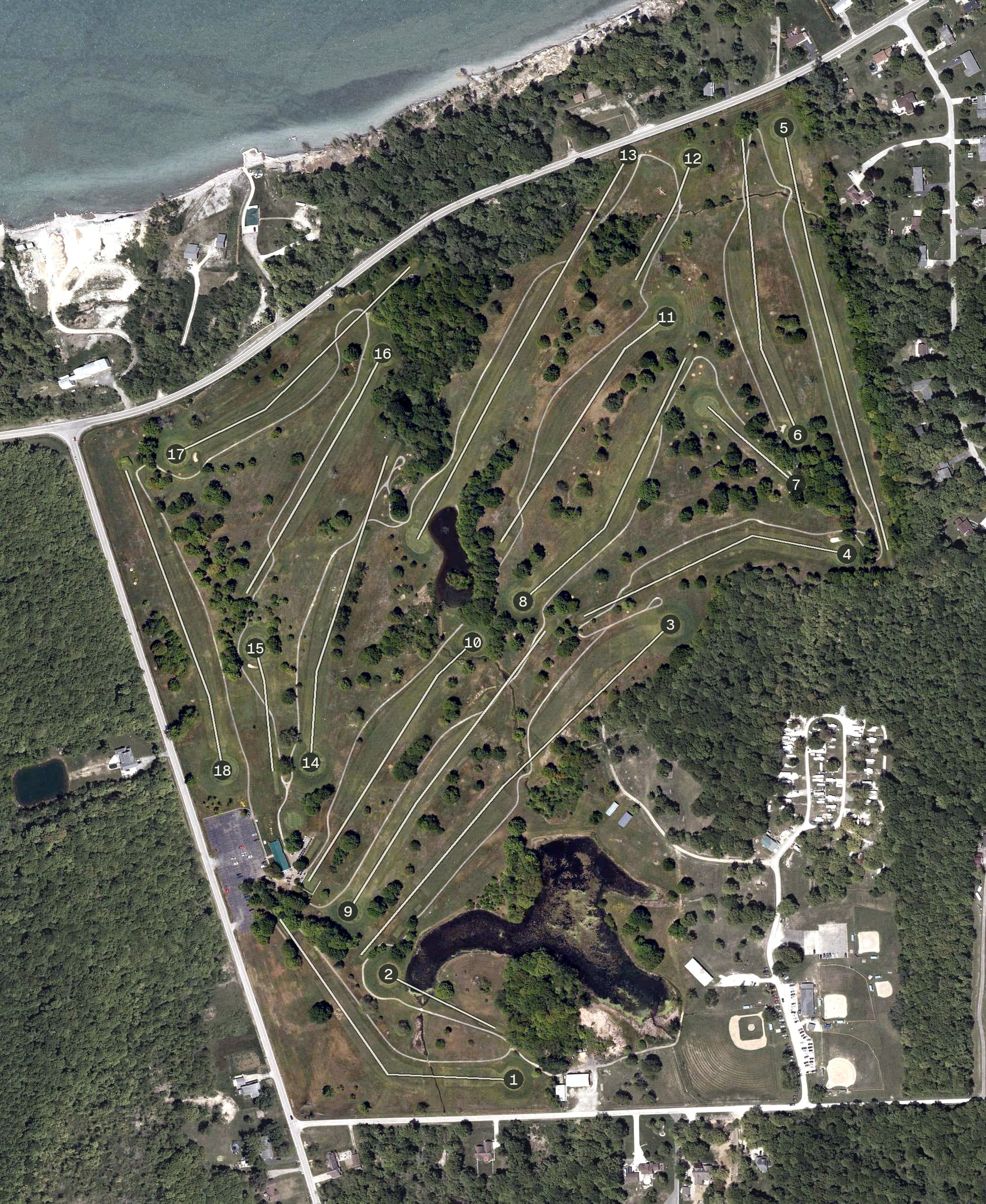 Aerial view of Village Green Golf Course, OH, with its hole routing marked