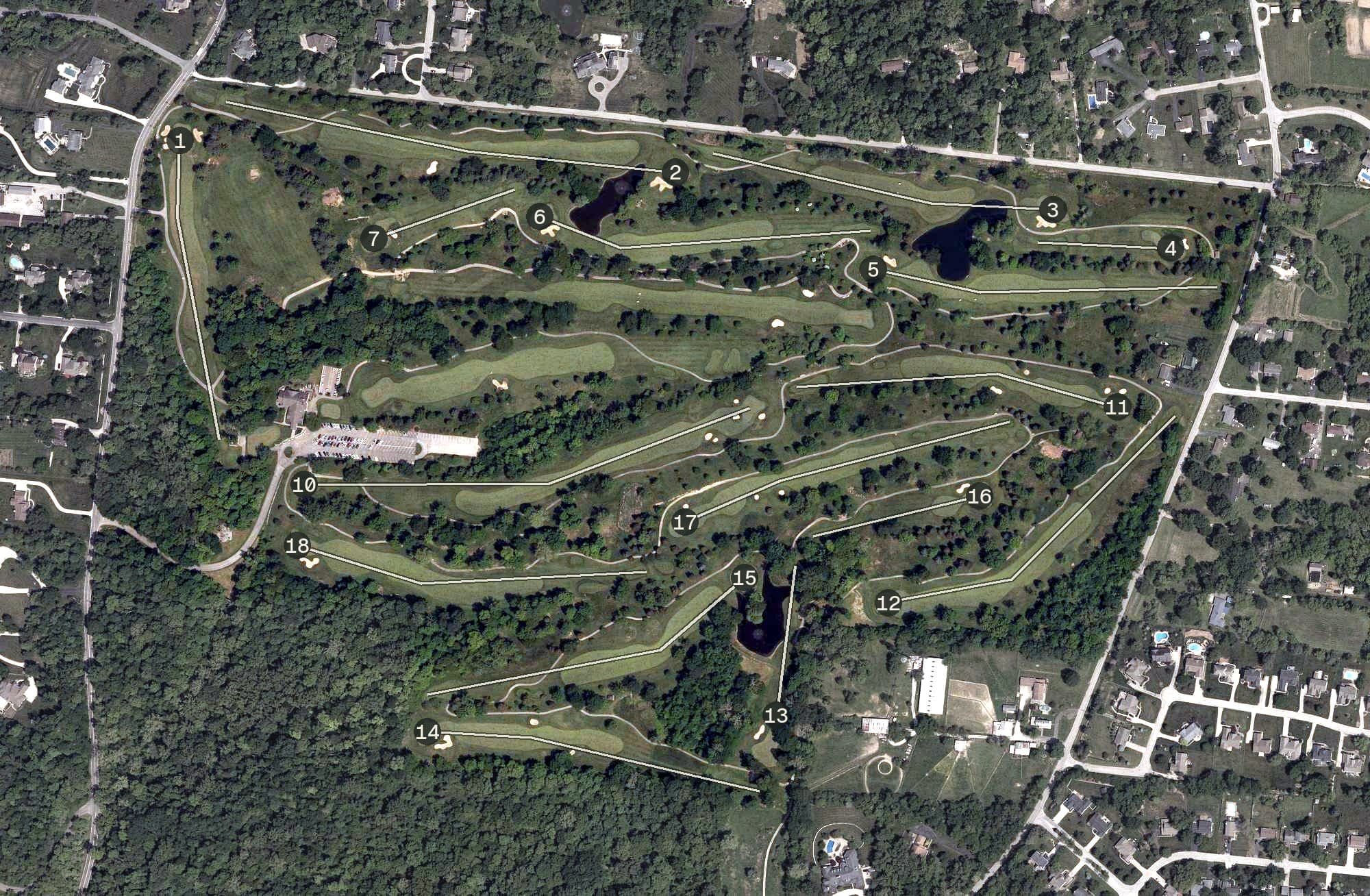 Aerial view of Vineyard Golf Course, OH, with its hole routing marked