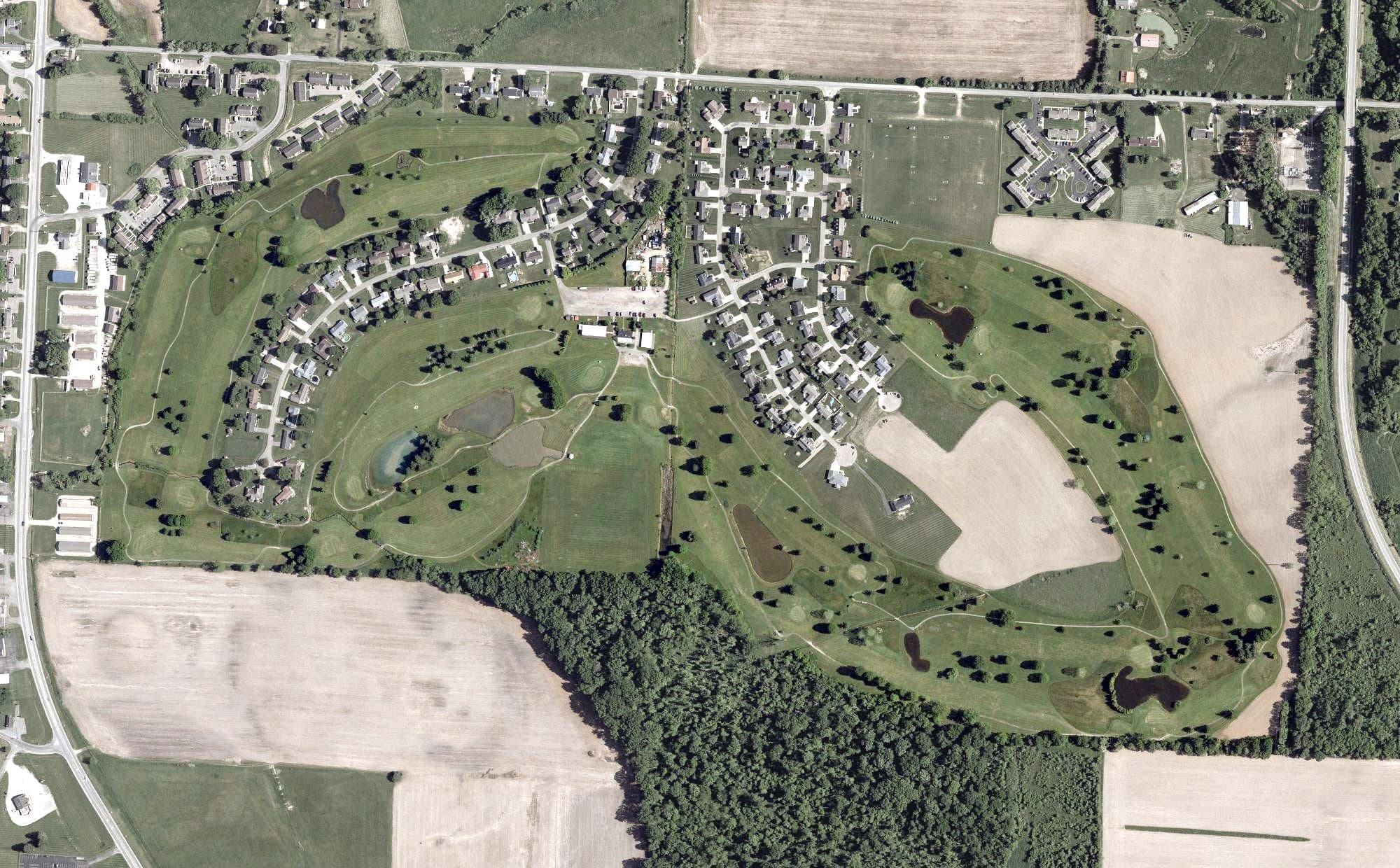 Aerial view of Vista Golf Course, OH, with its hole routing marked