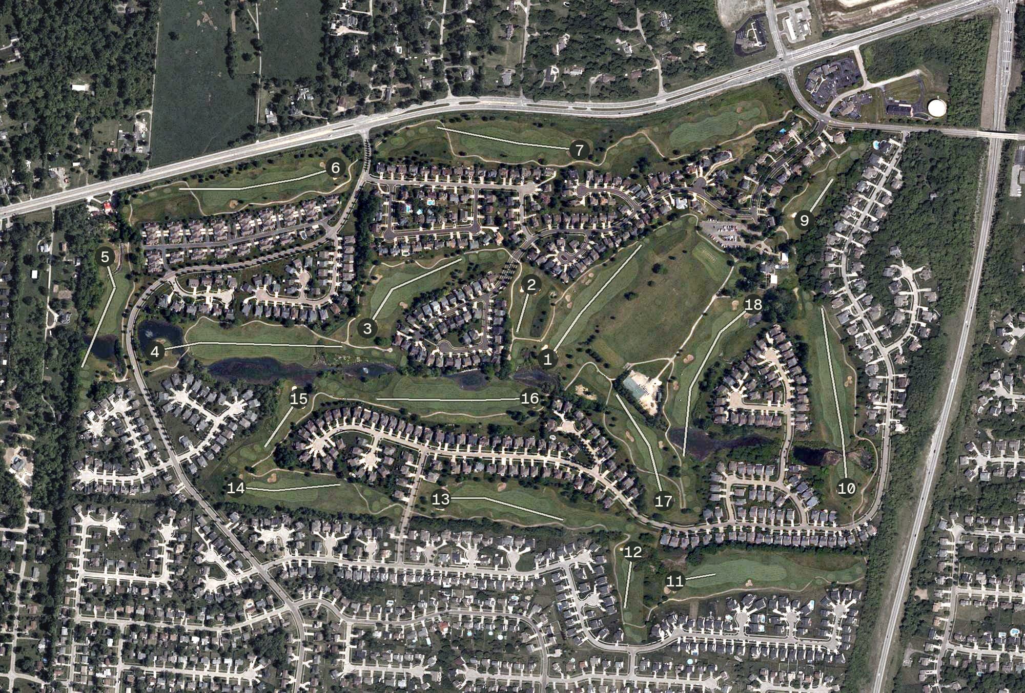 Aerial view of Walden Ponds Golf Club, OH, with its hole routing marked