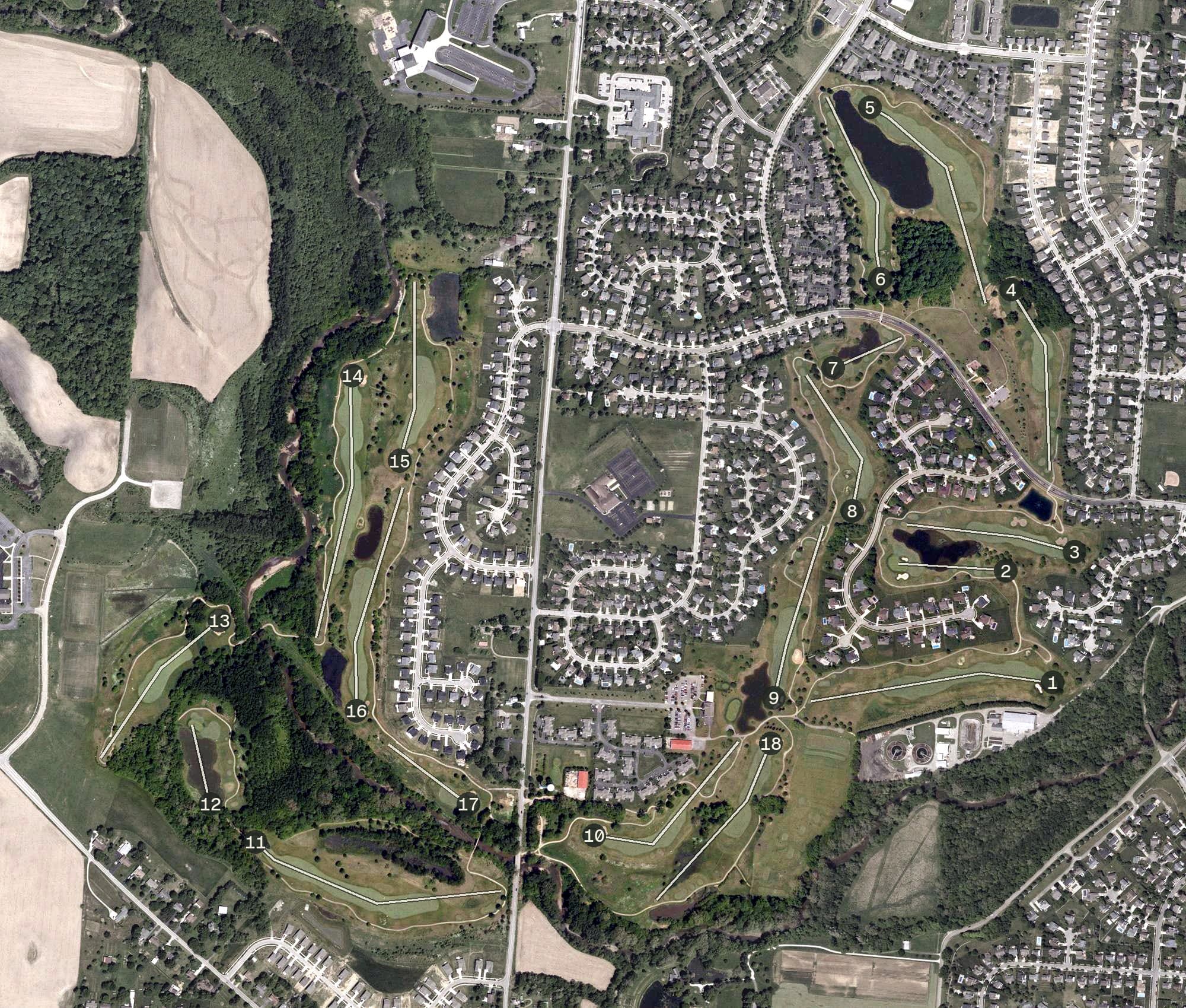Aerial view of Westchester Golf Course, OH, with its hole routing marked