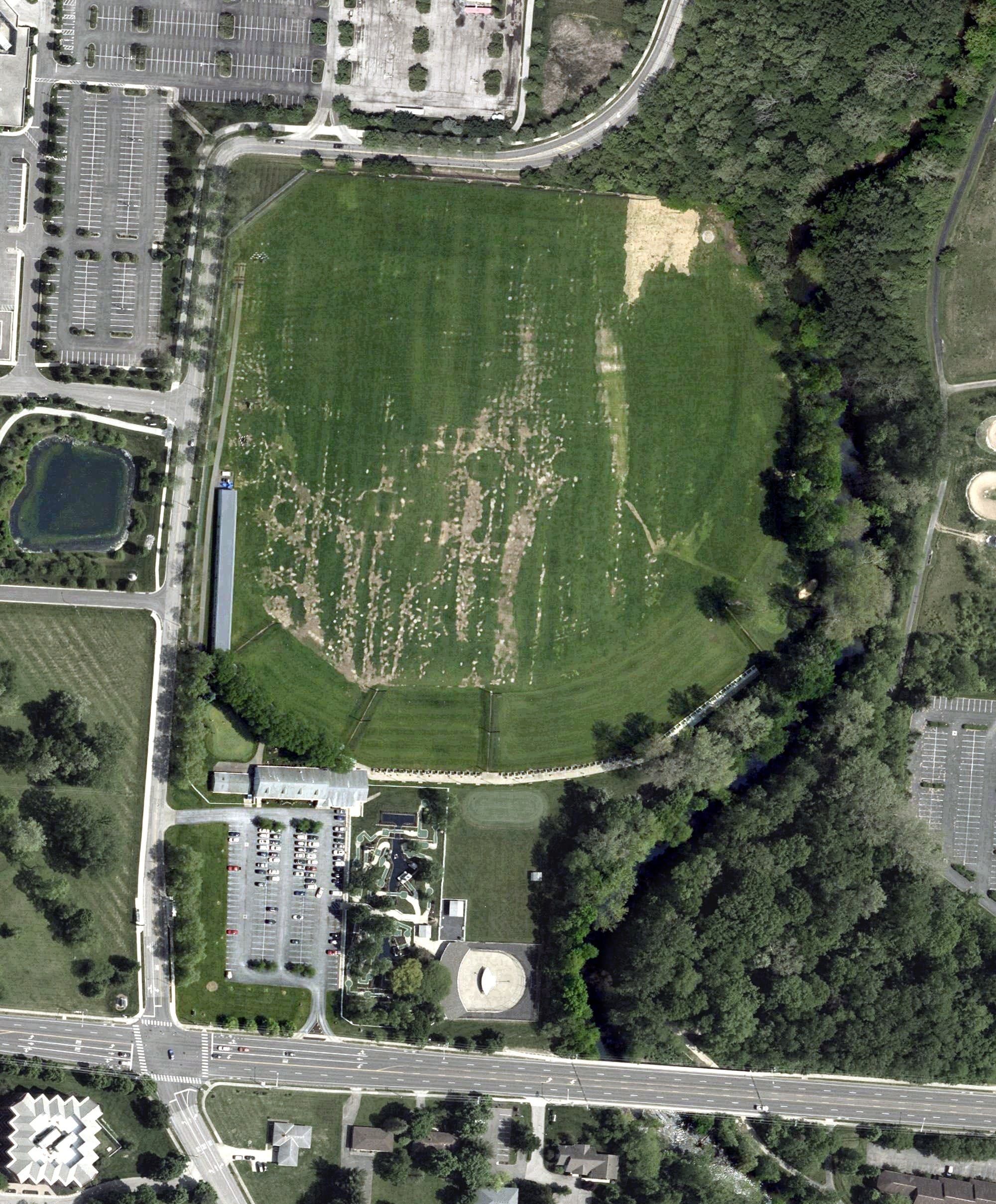 Aerial view of Westerville Golf Center, OH, with its hole routing marked