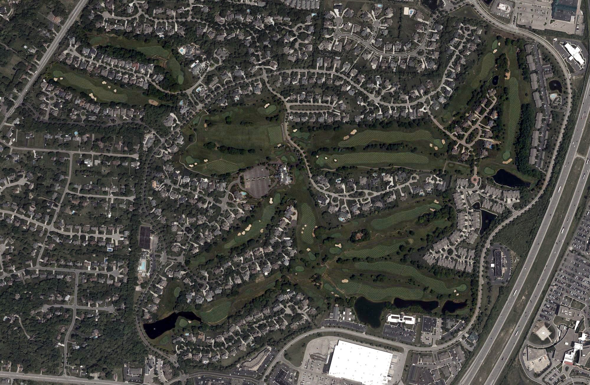 Aerial view of Wetherington Golf & Country Club, OH, with its hole routing marked