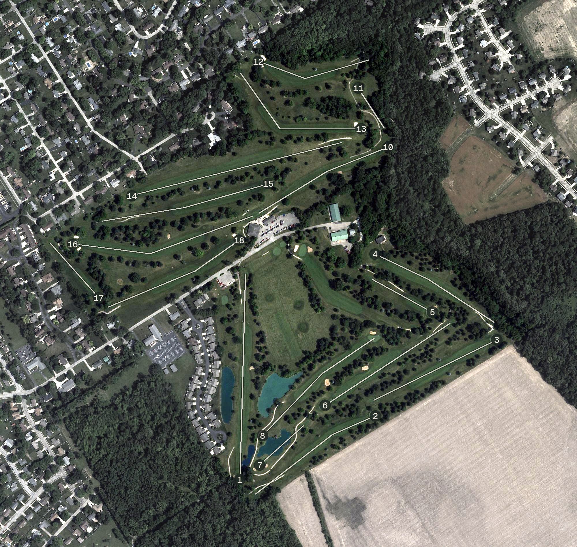 Aerial view of WGC Golf Course, OH, with its hole routing marked