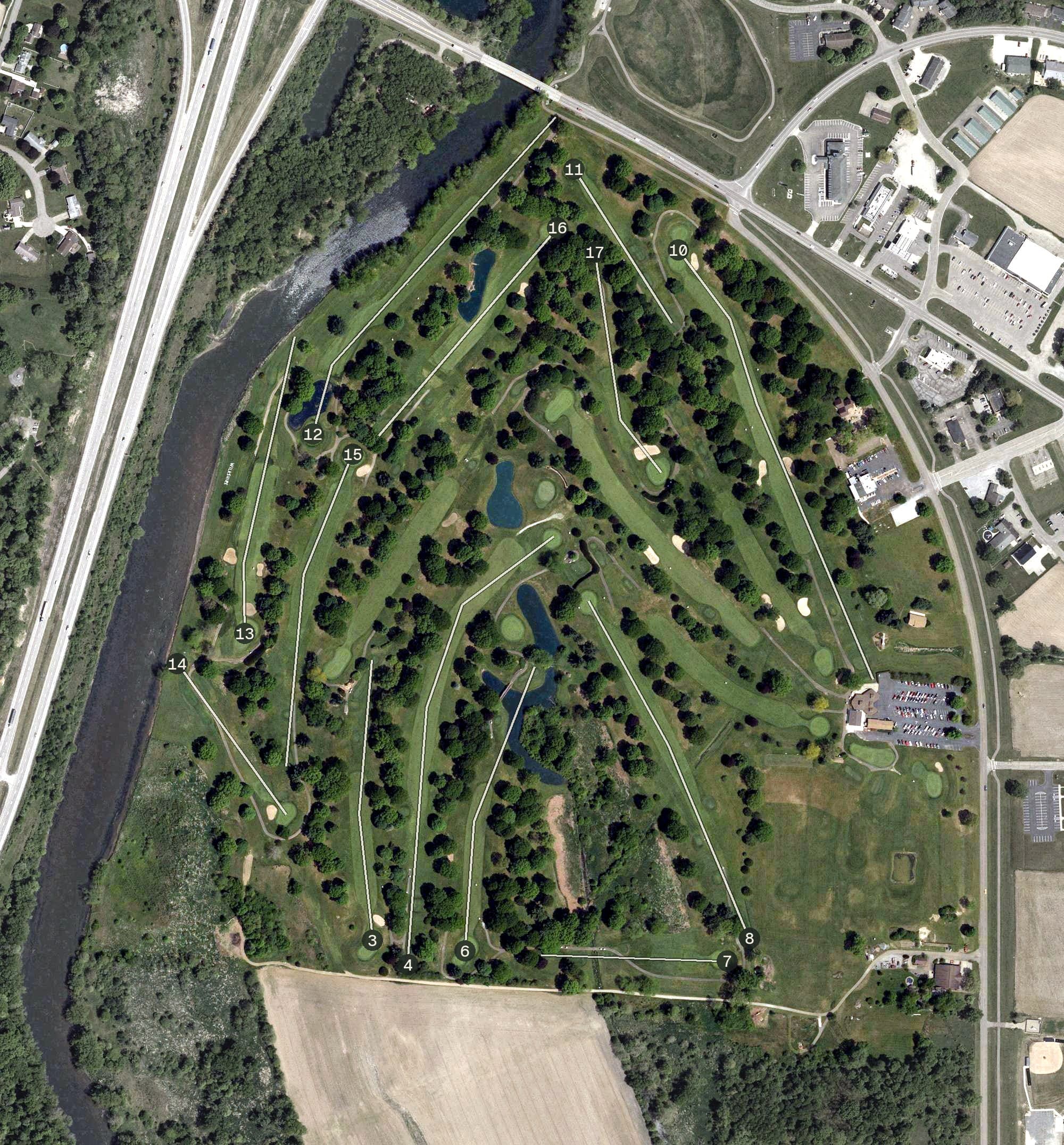 Aerial view of Wilkshire Golf Course, OH, with its hole routing marked