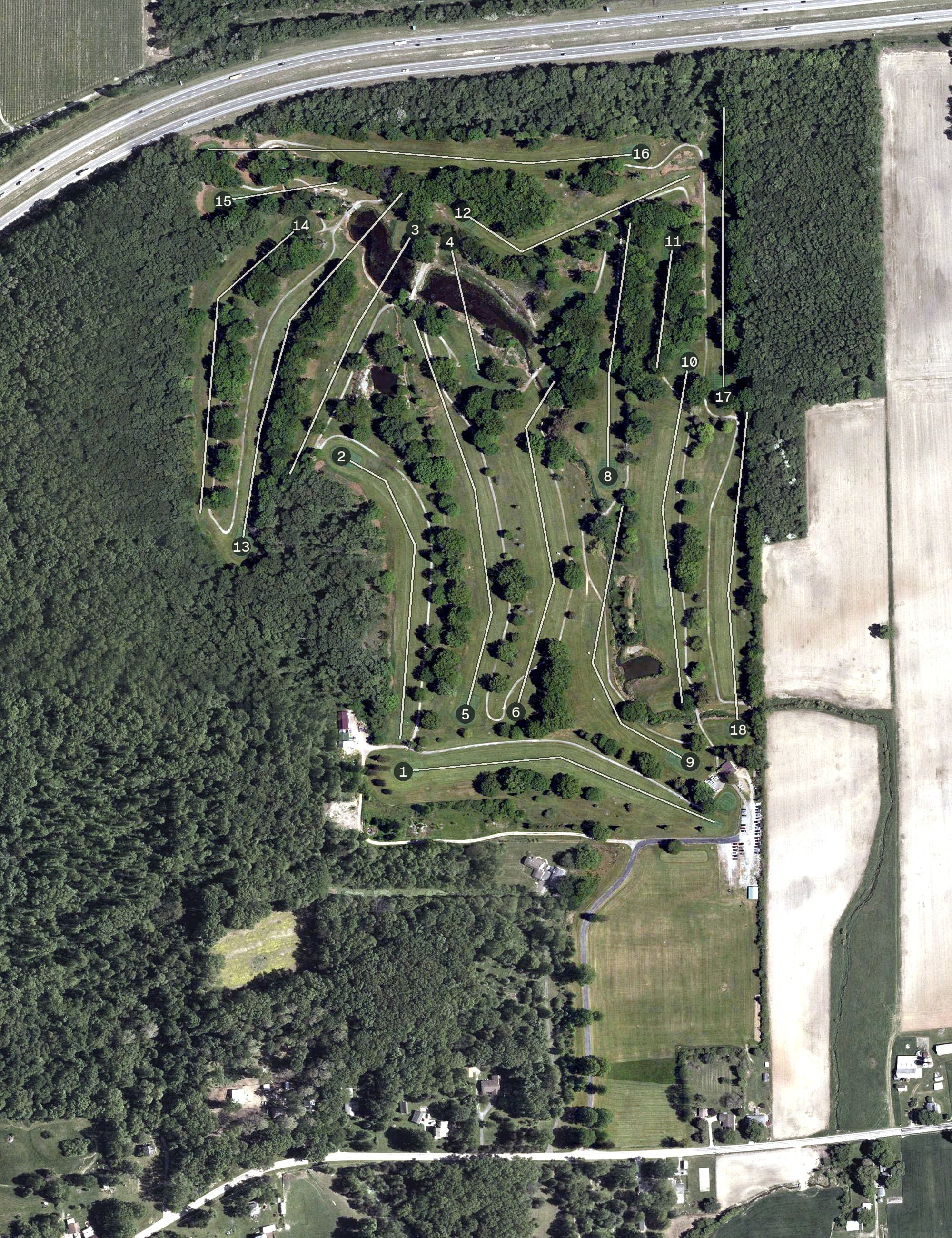 Aerial view of Willow Creek Golf Course, OH, with its hole routing marked