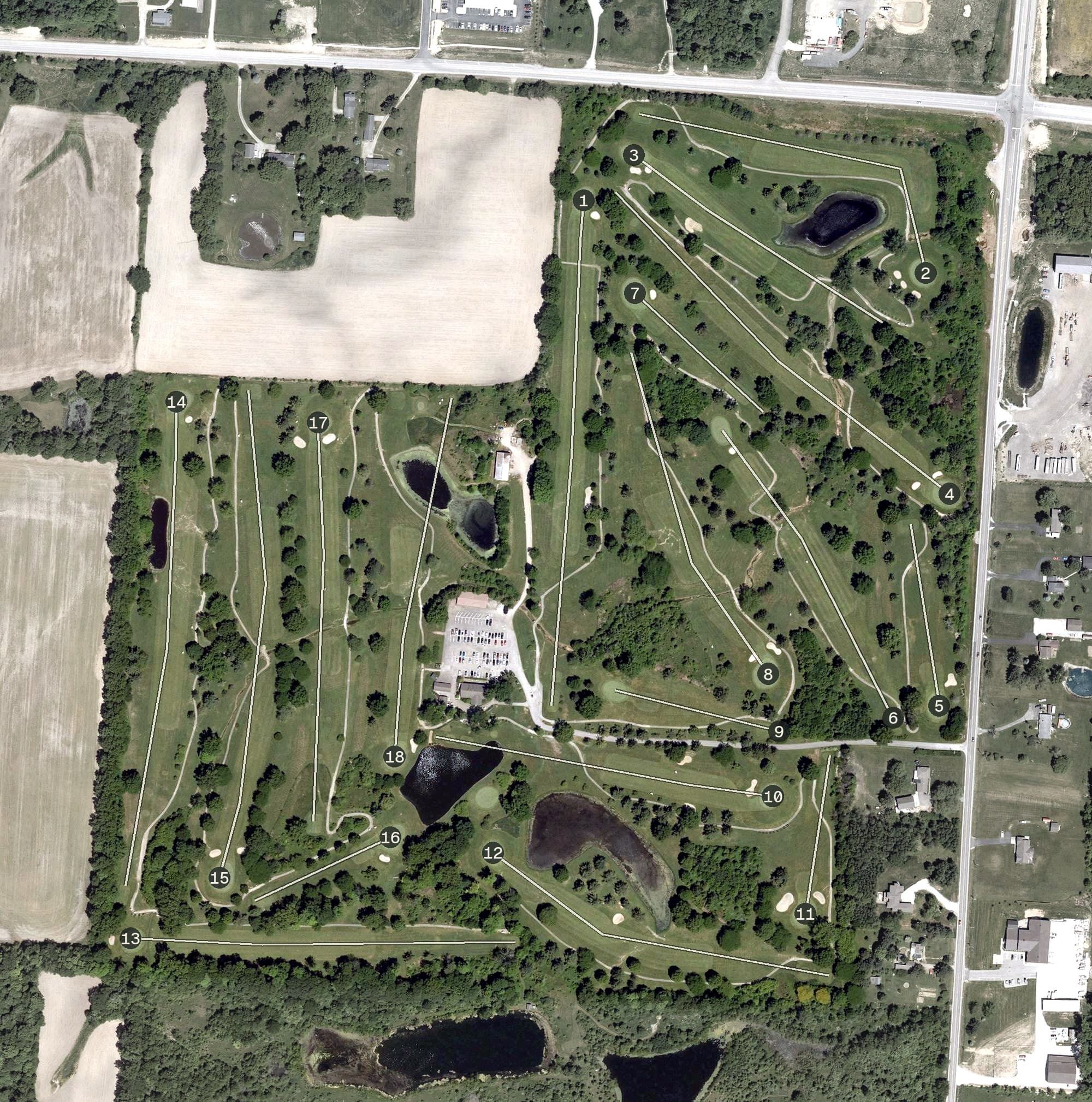 Aerial view of Willow Run Golf Course, OH, with its hole routing marked