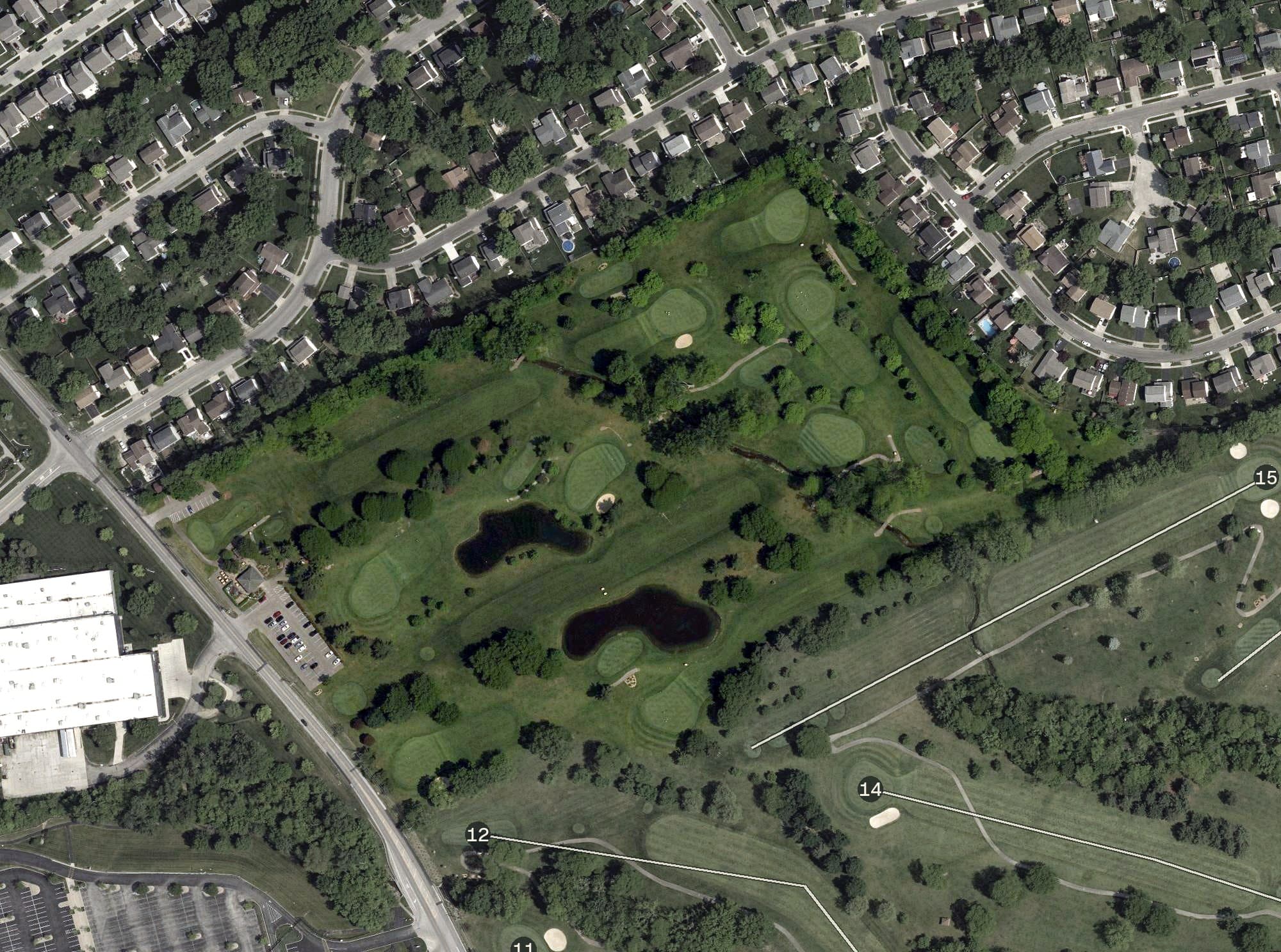 Aerial view of Wilson Road Golf Course, OH, with its hole routing marked