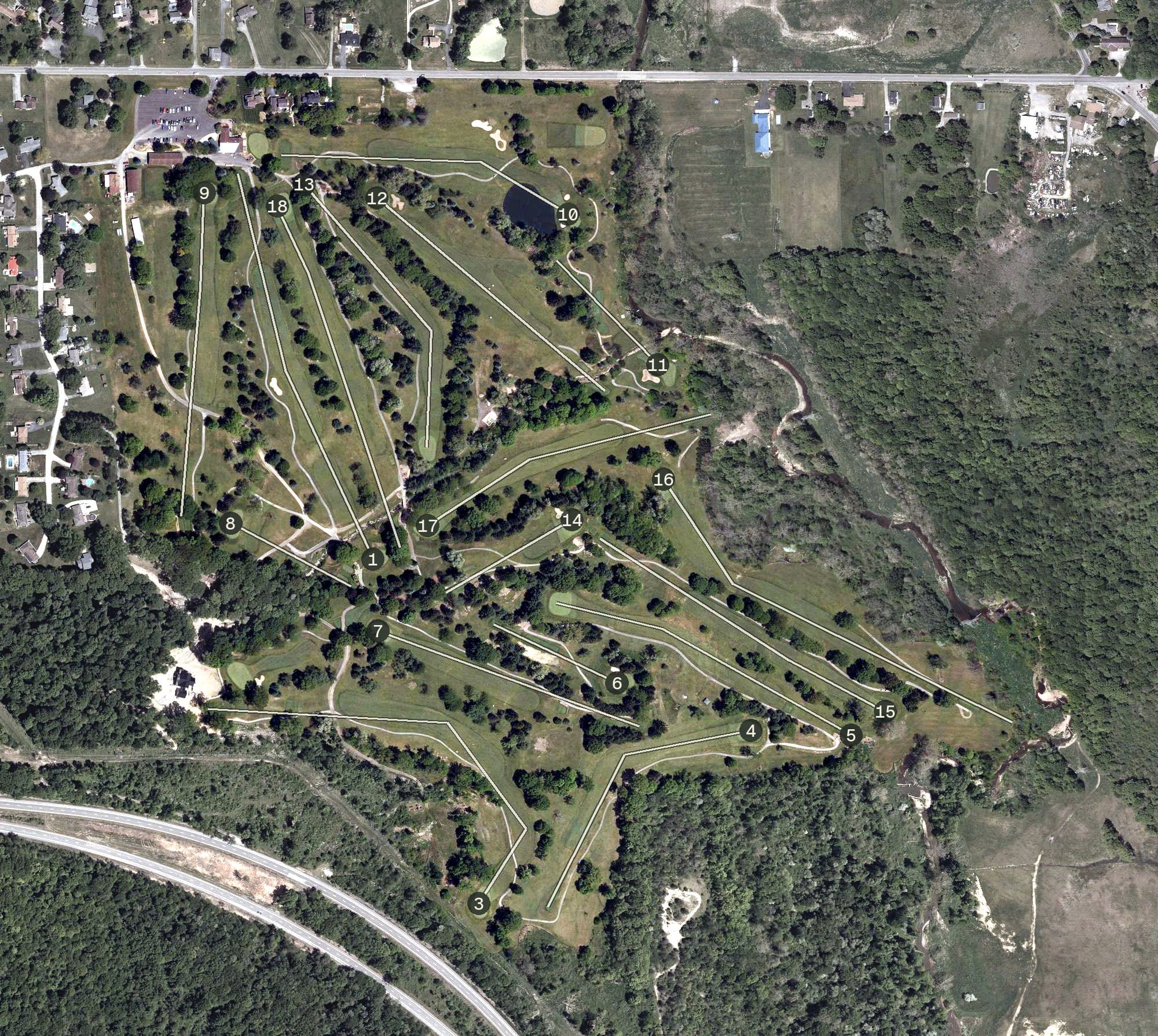 Aerial view of Yankee Run Golf Course, OH, with its hole routing marked