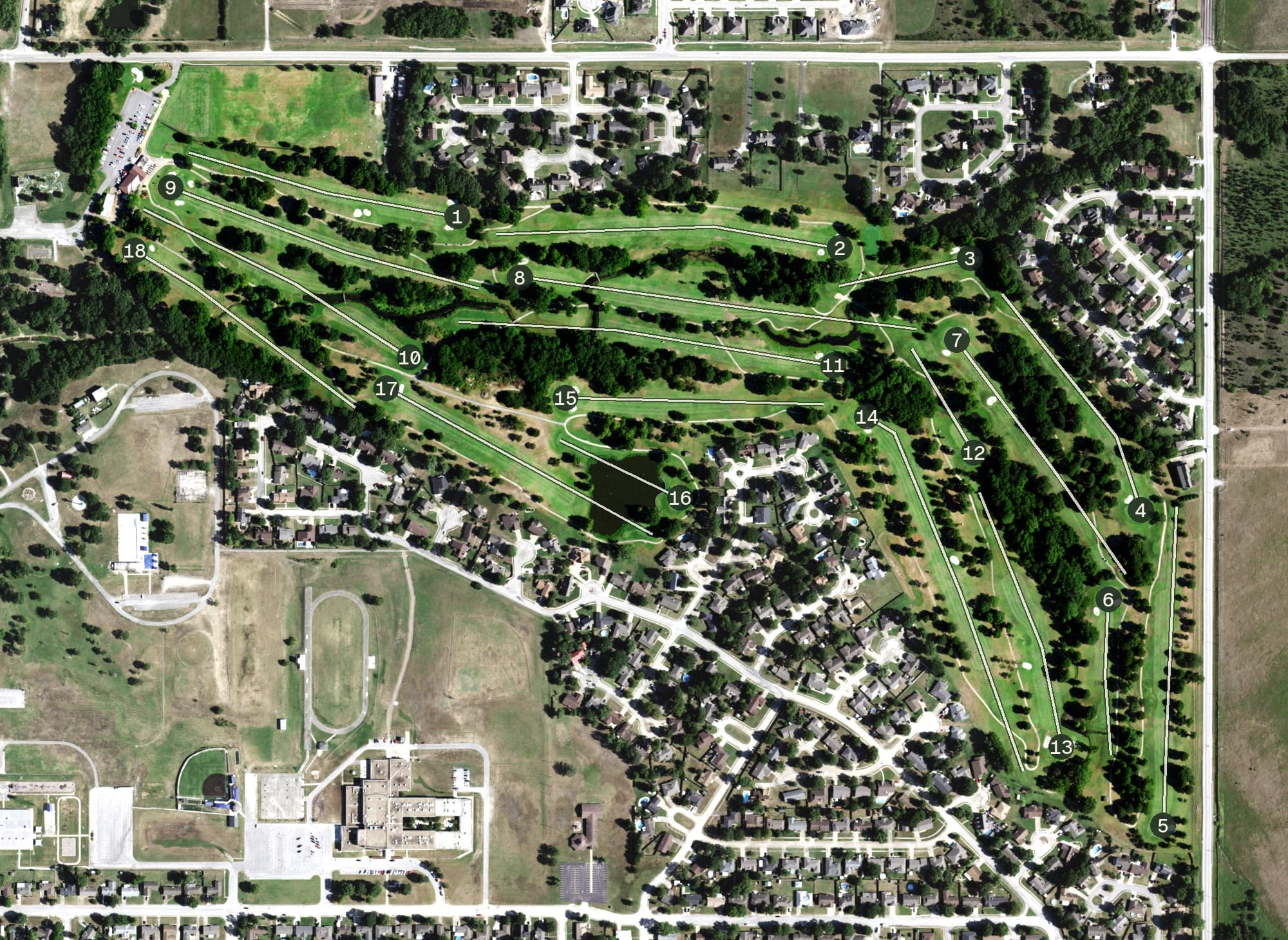 Aerial view of Adams Golf Course, OK, with its hole routing marked