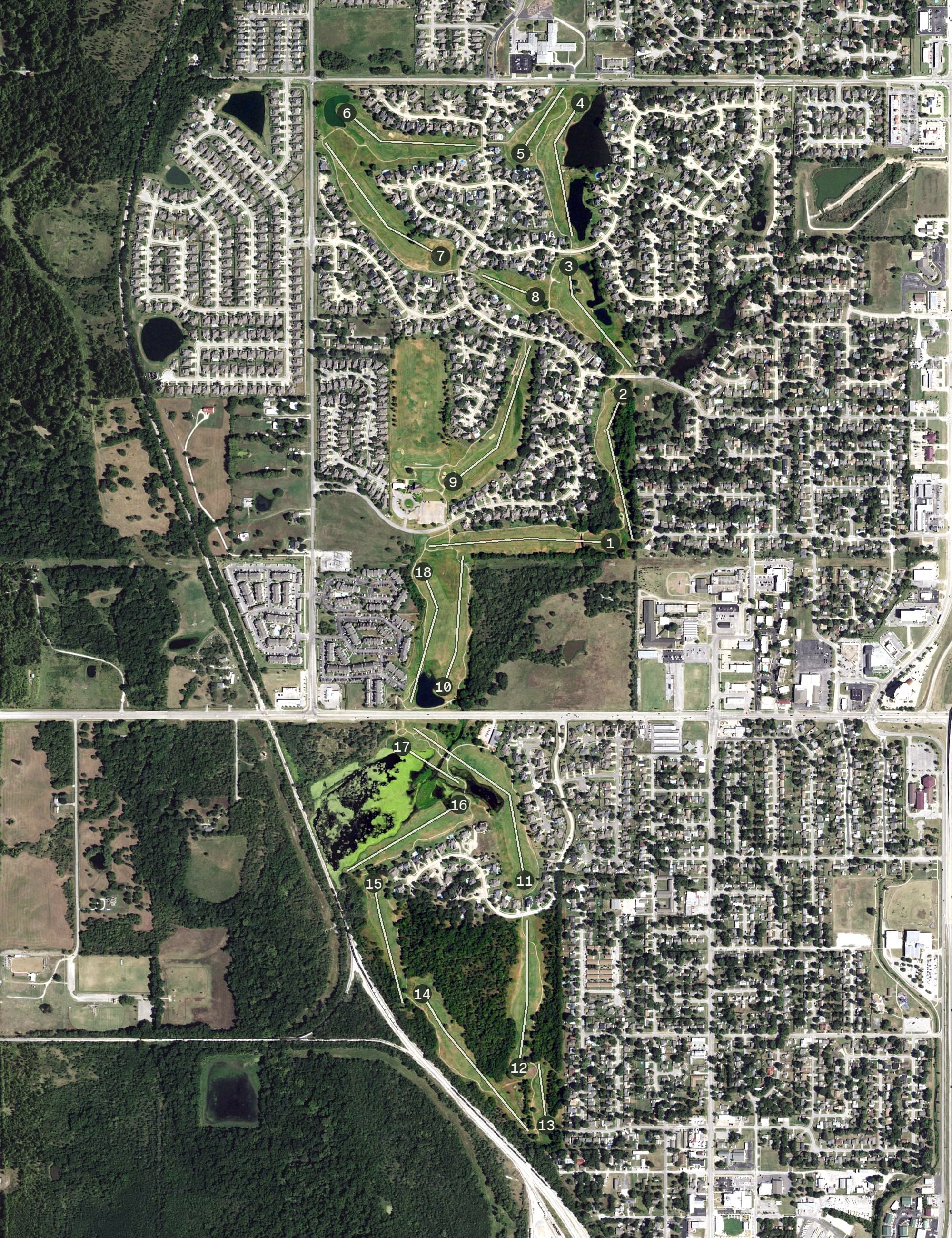 Aerial view of Bailey Ranch Golf Club, OK, with its hole routing marked