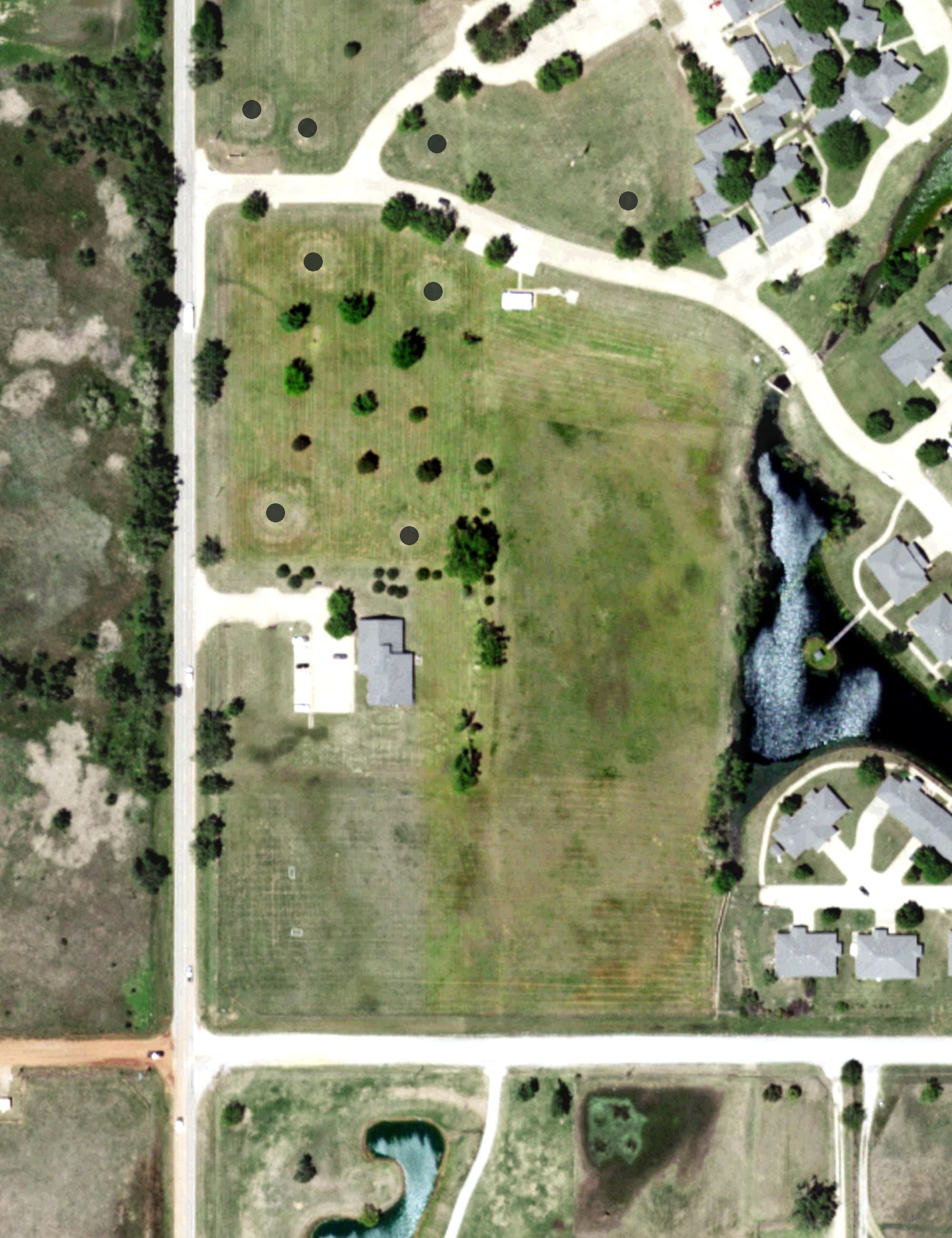 Aerial view of Baptist Village Golf Course, OK, with its hole routing marked