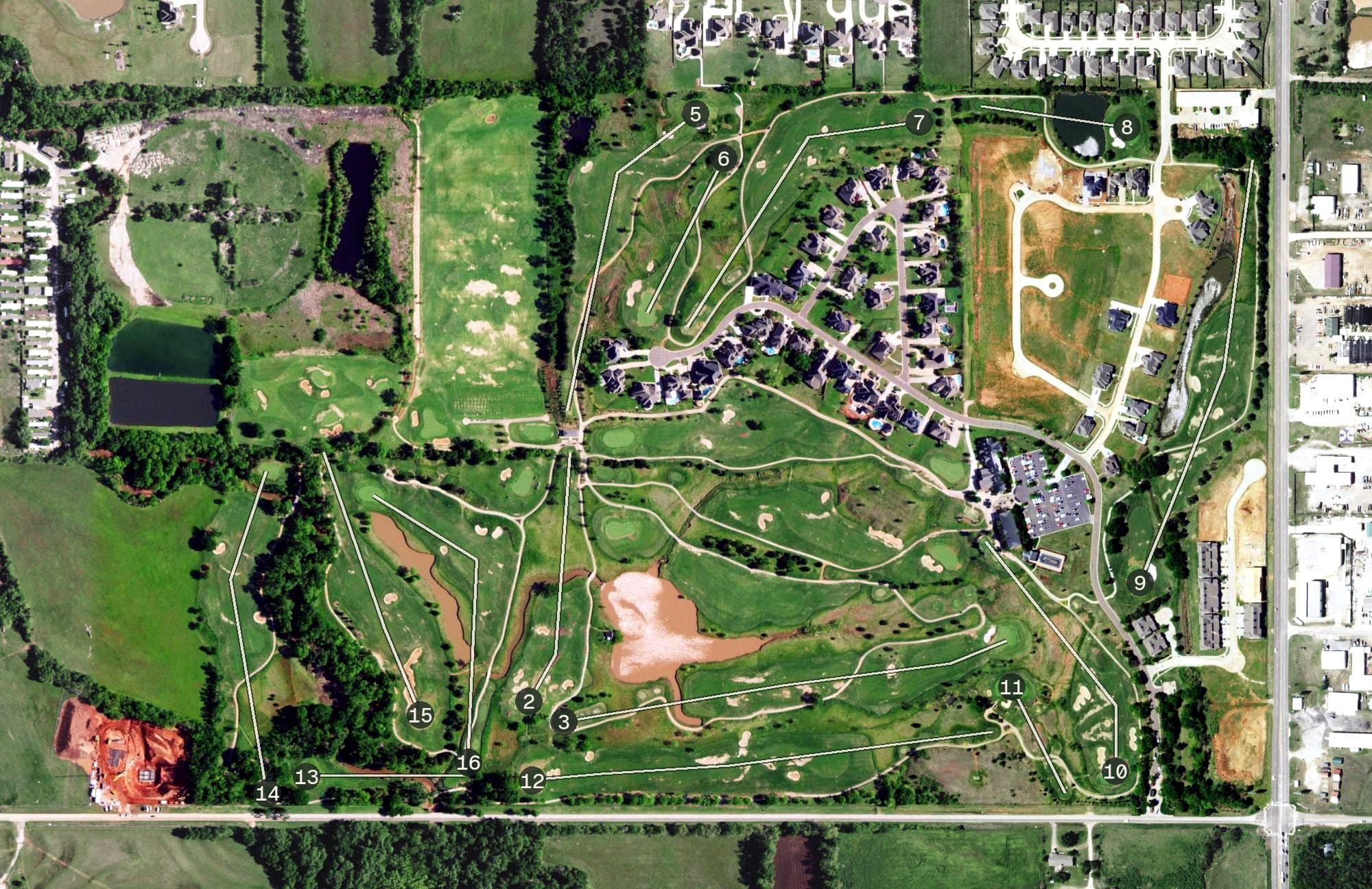 Aerial view of Belmar Golf Club, OK, with its hole routing marked