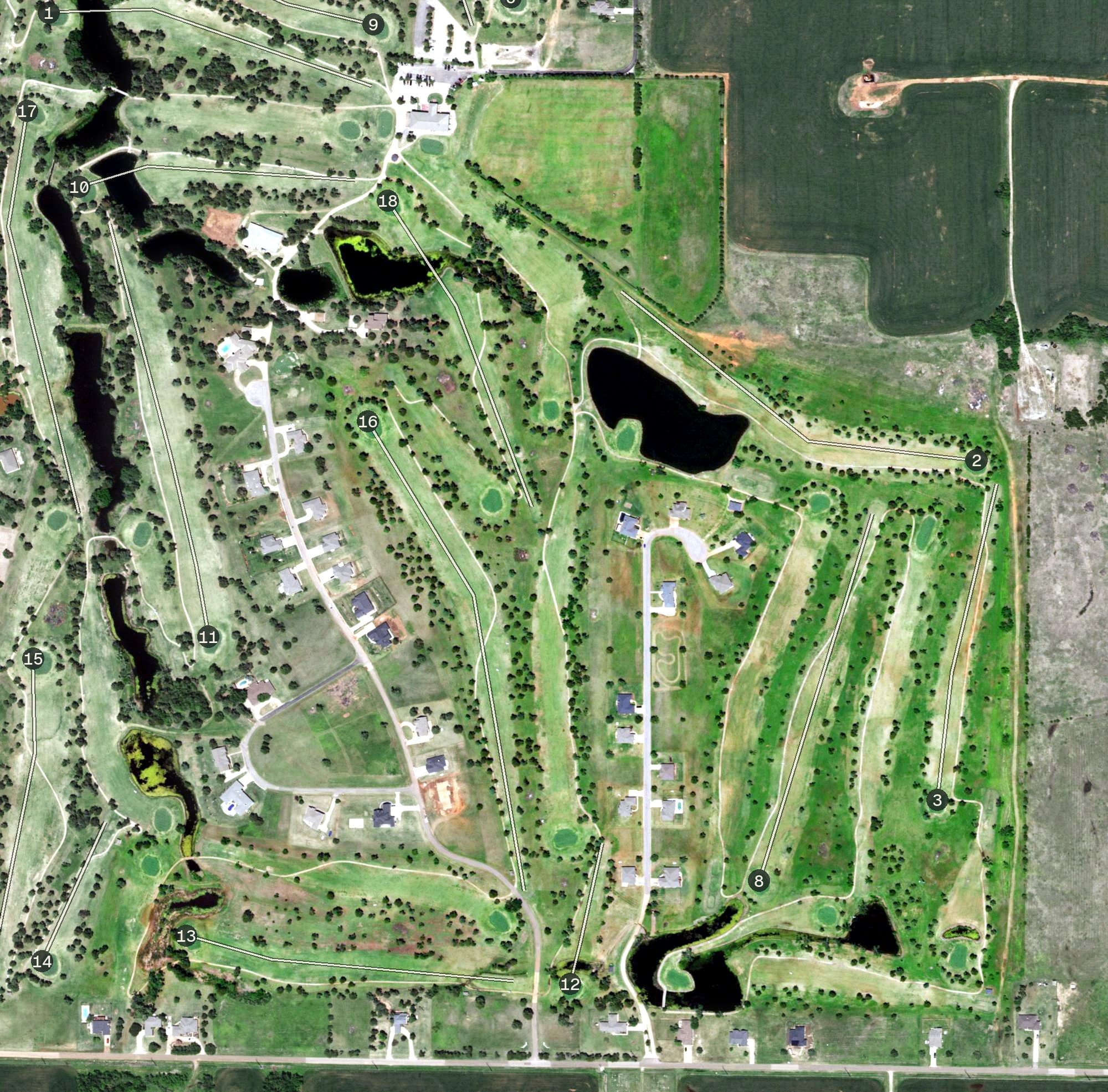 Aerial view of Cedar Valley International Golf Course, OK, with its hole routing marked